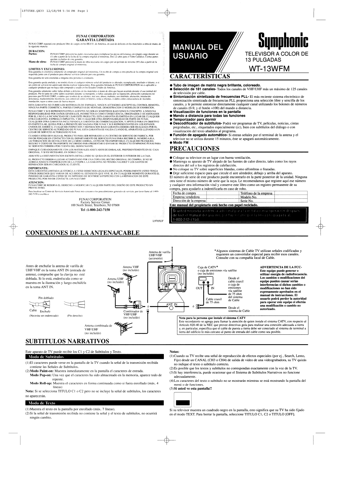 FUNAI WT13WFM, WT13WFM User Manual