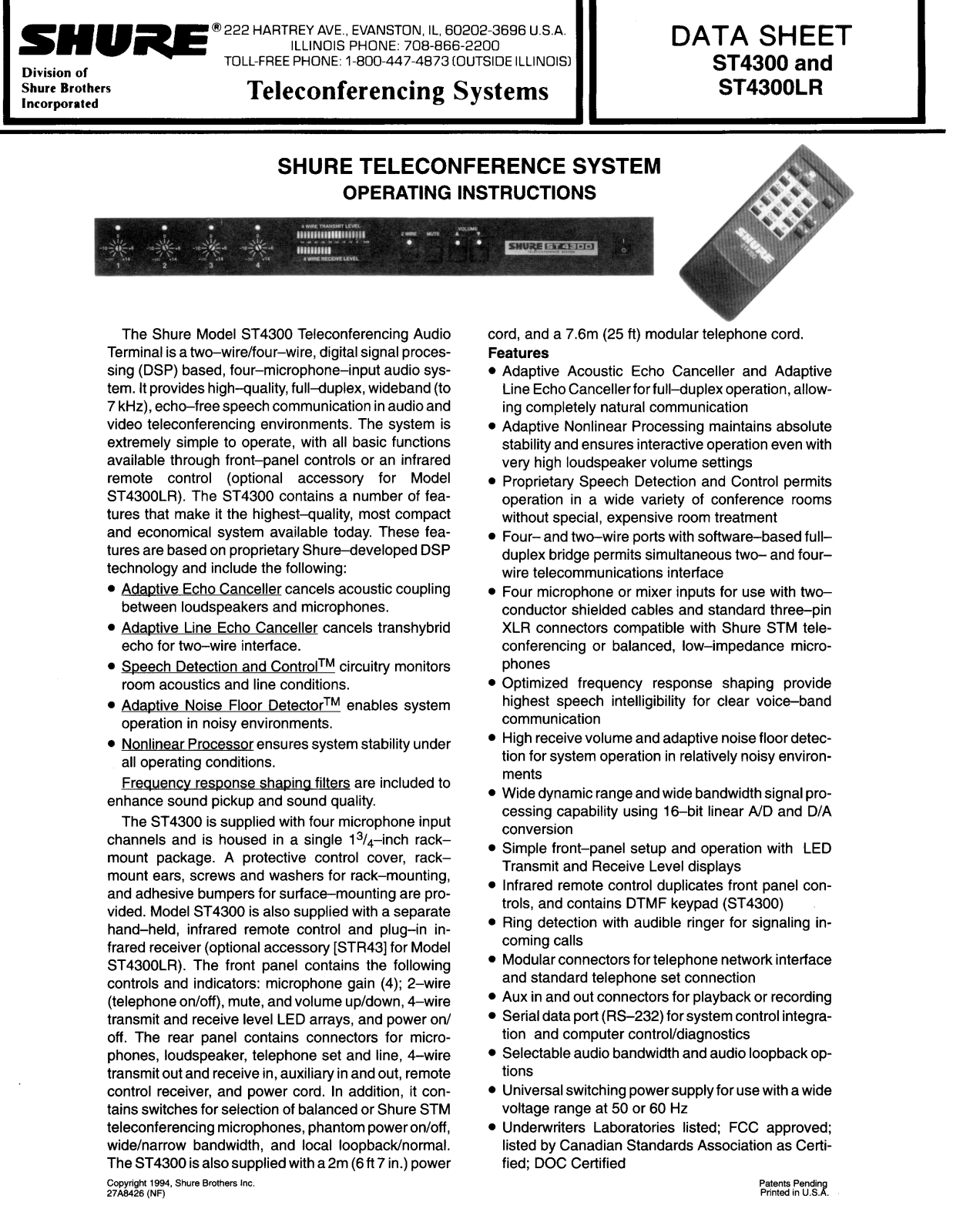 Shure ST4300 Operating Instruction