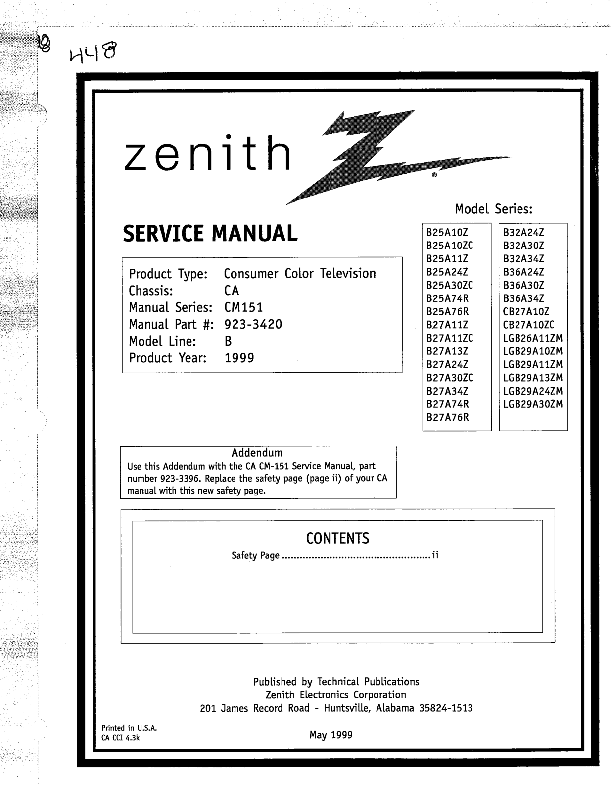 ZENITH B36A24Z, LGB26A11ZM, B25A10ZC, B25A11Z, B25A24Z Service Manual