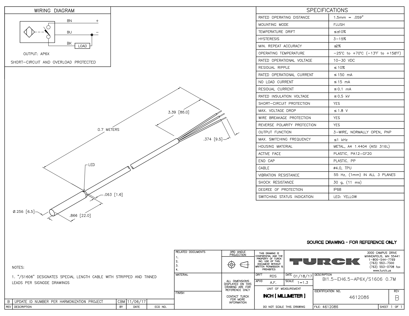 Turck BI1.5-EH6.5-AP6XS16060.7M Data Sheet