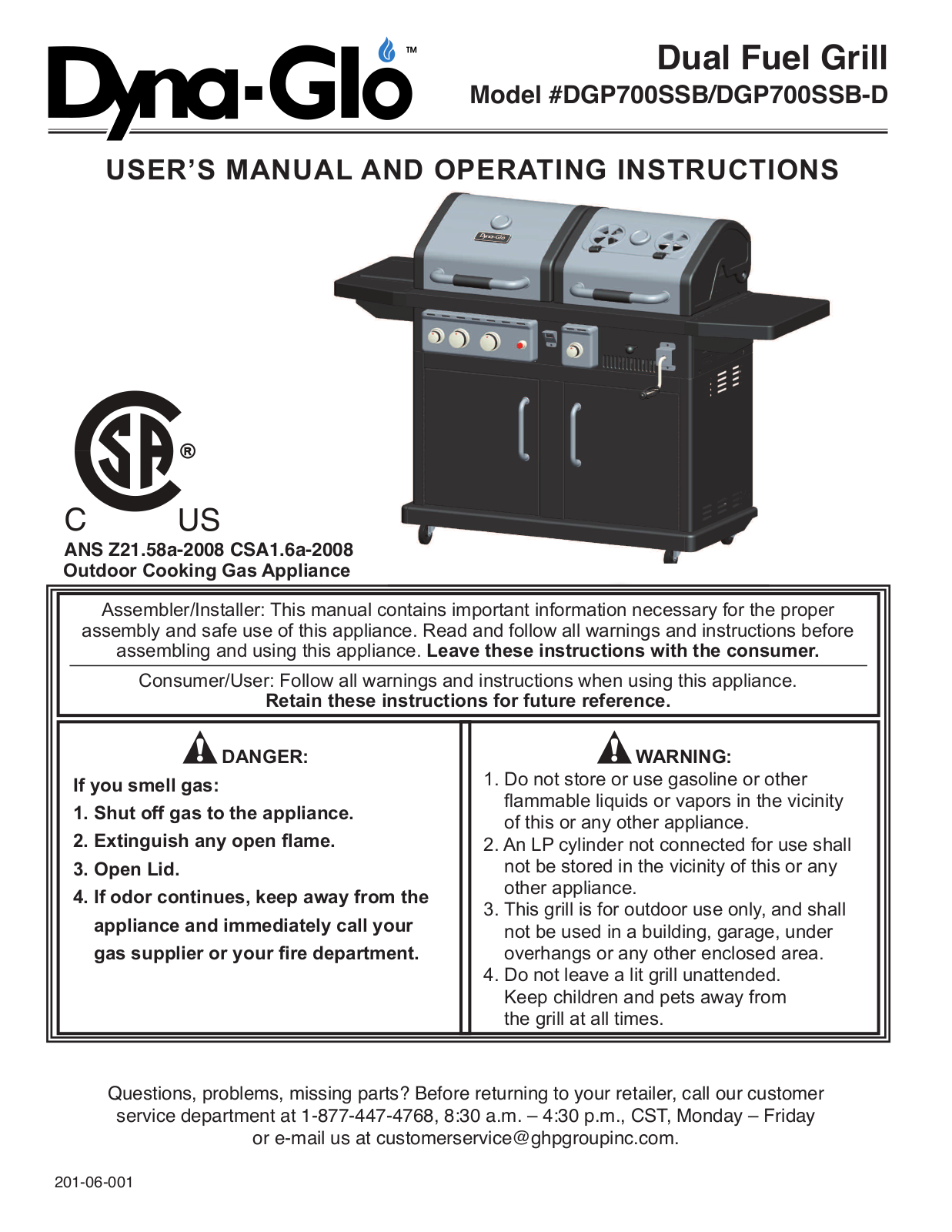 Dyna-glo Dgp700ssb-1 Owner's Manual