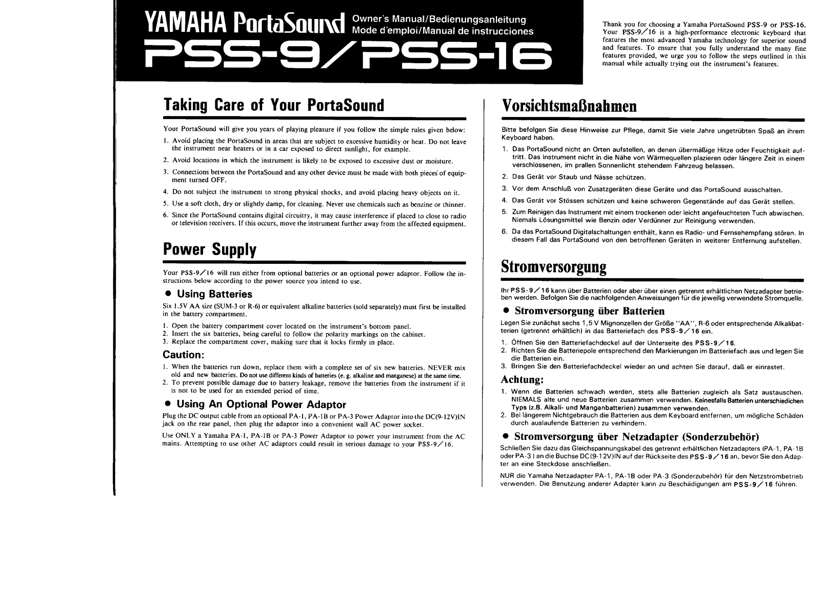 Yamaha PSS-9, PSS-16 Owner's Manual