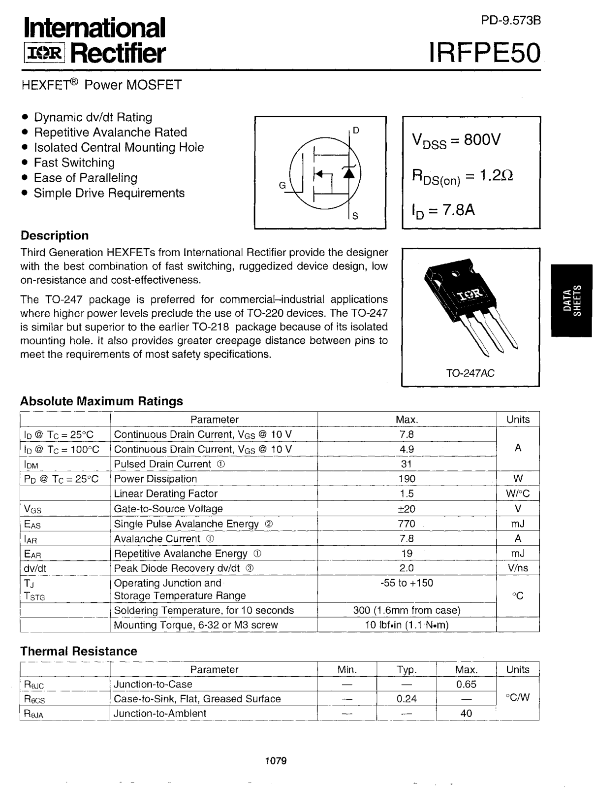 International Rectifier IRFPE50 Datasheet