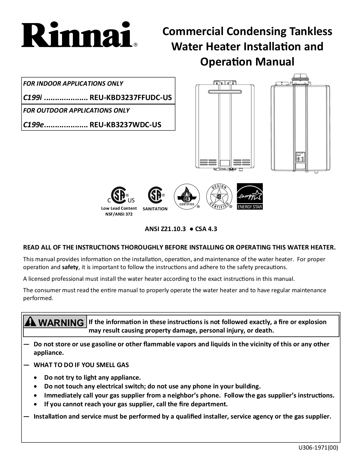 Rinnai Rice Cooker C199e (REU-KB3237WDC-US) Installation  Manual