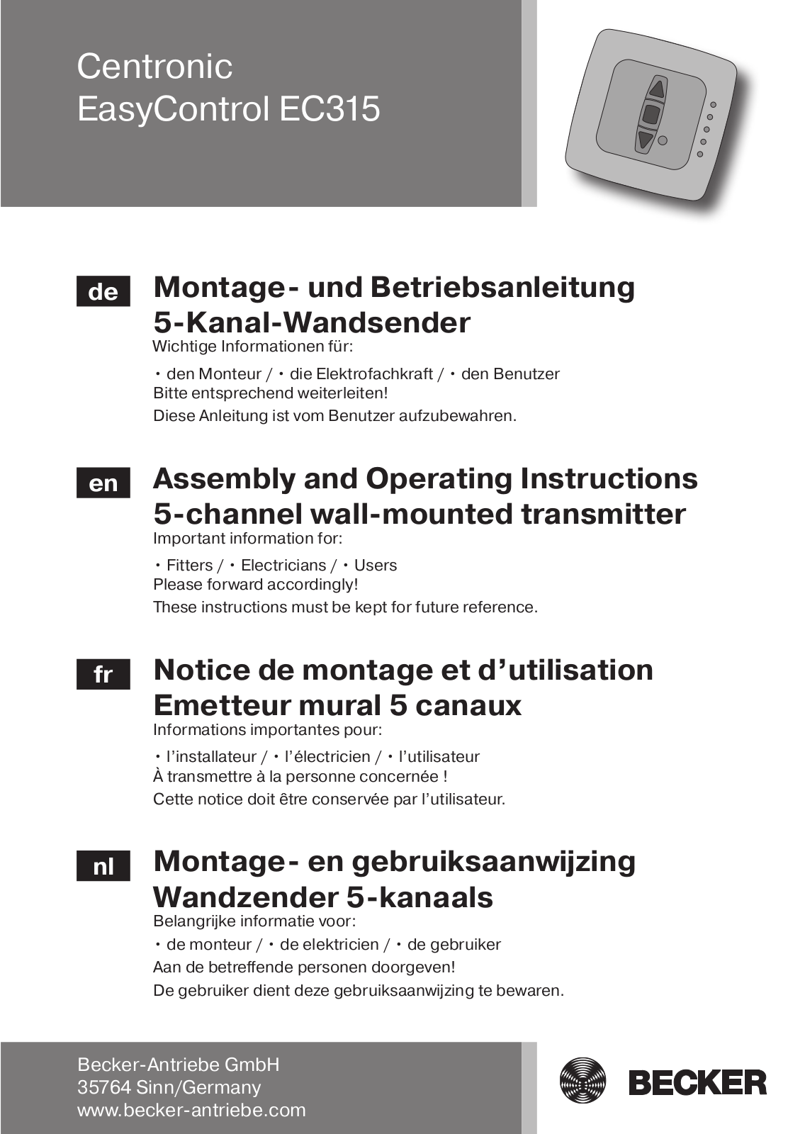 Becker Centronic EasyControl EC315 Assembly And Operating Instructions Manual