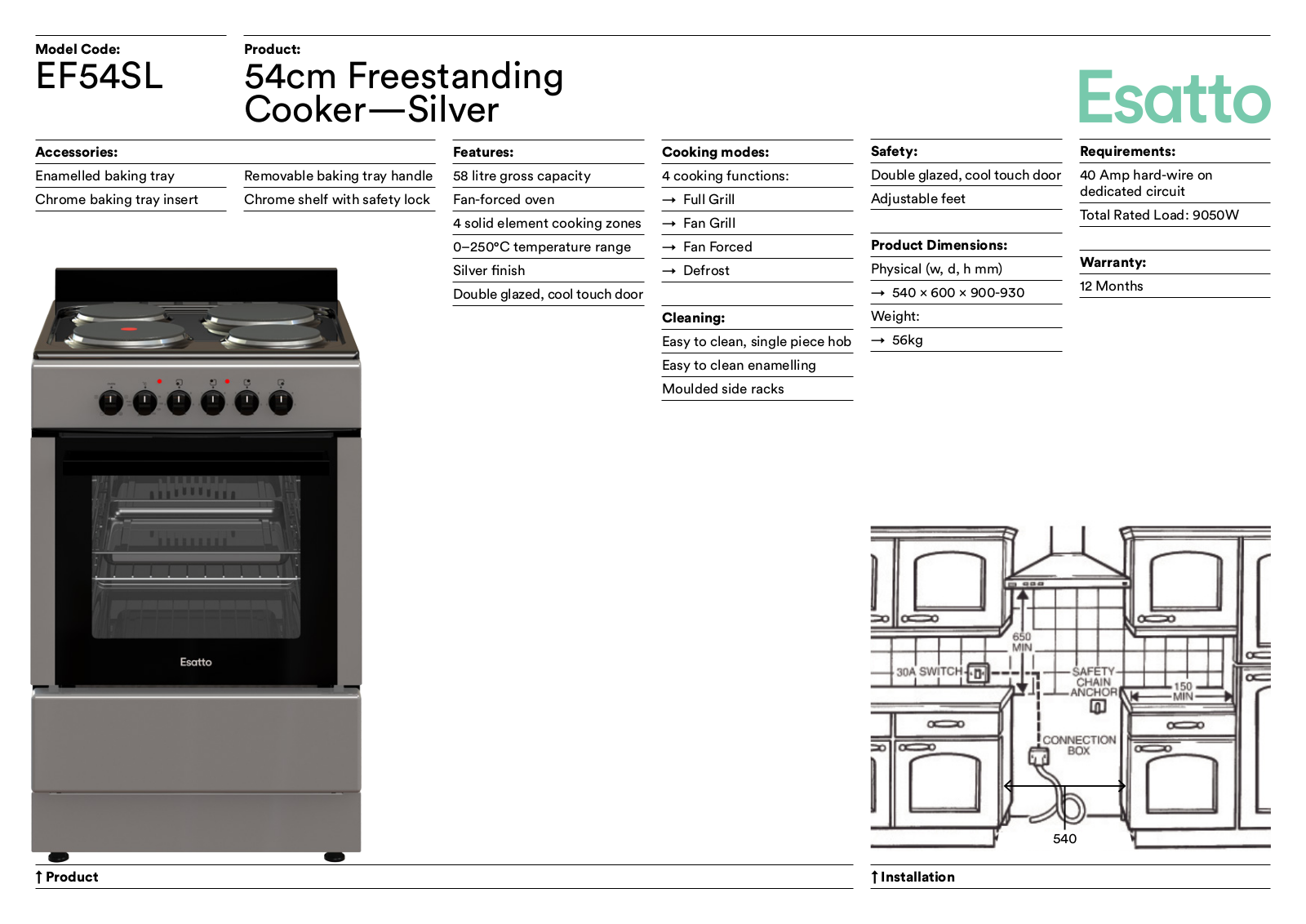 Esatto EF54SL Specifications Sheet