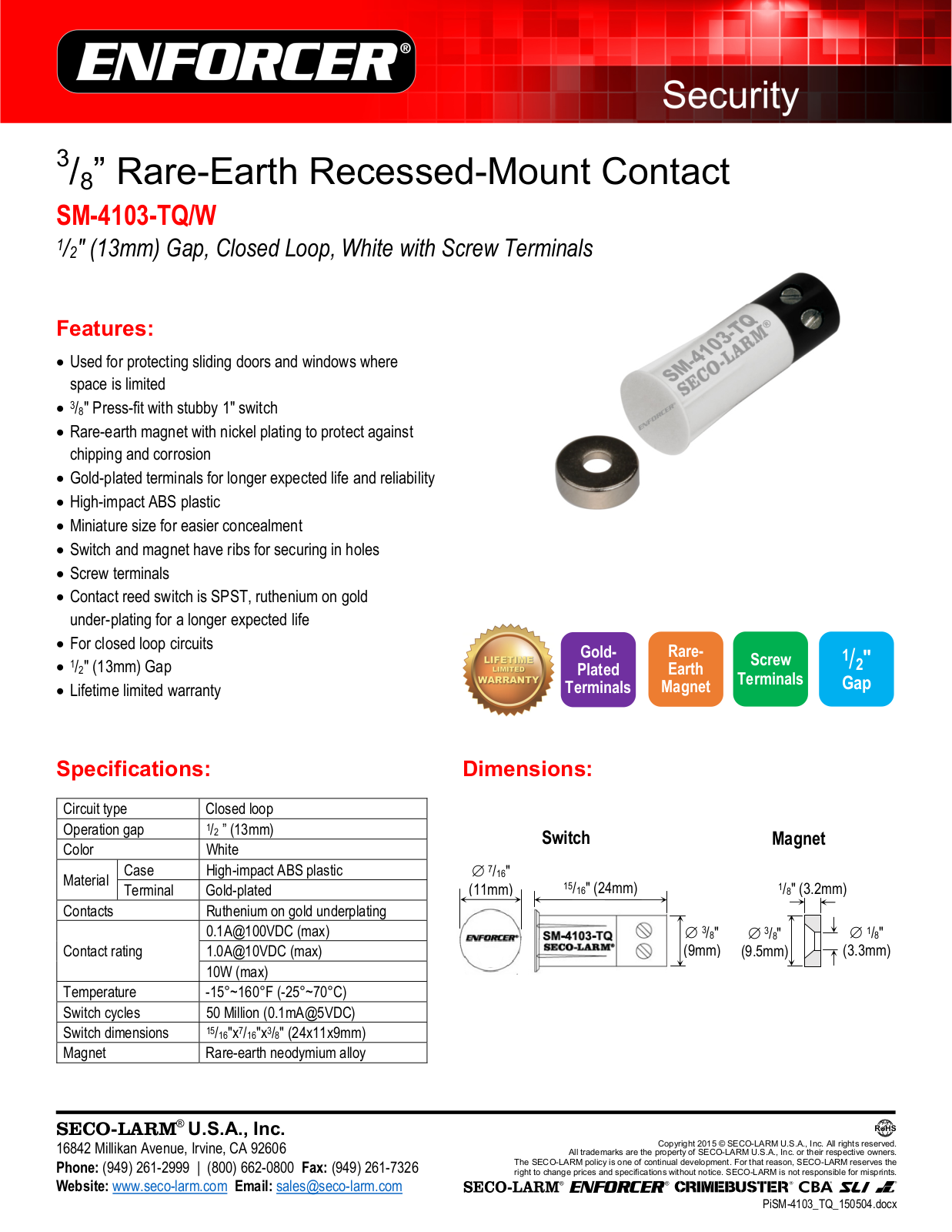 Seco-Larm SM-4103-TQ-W Specsheet