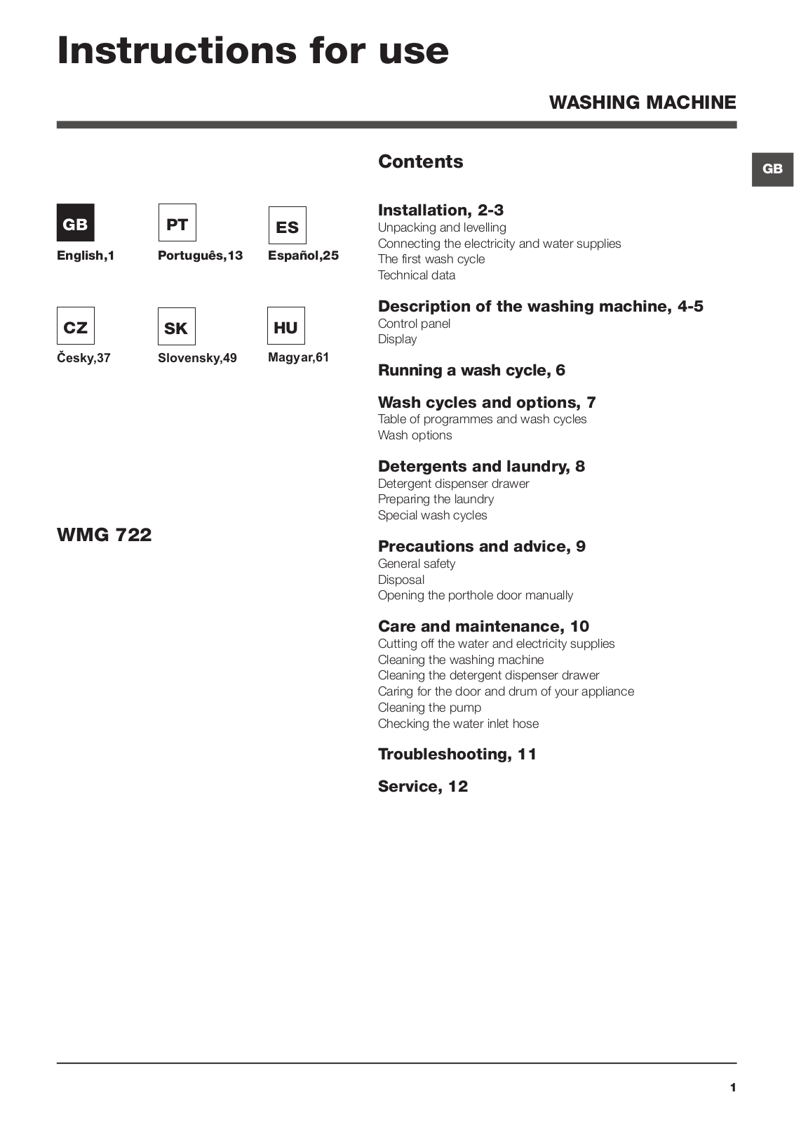 Hotpoint WMG 722B EU User Manual