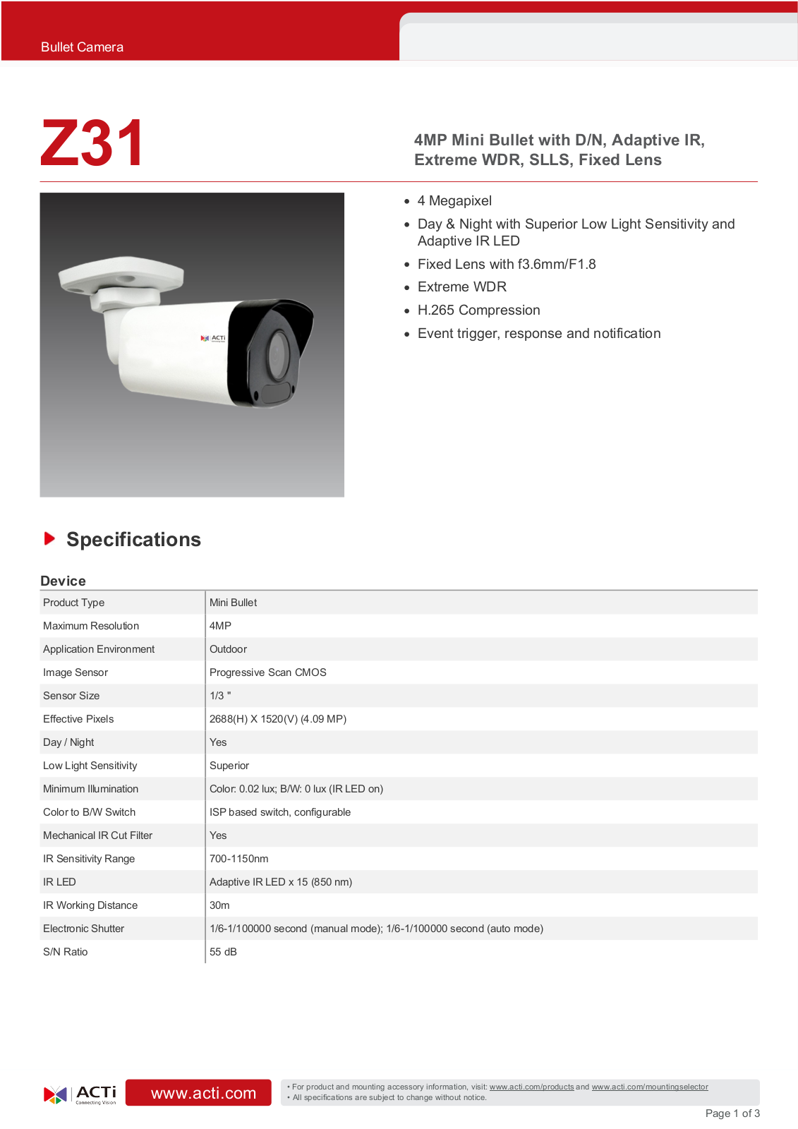 ACTi Z31 Specsheet