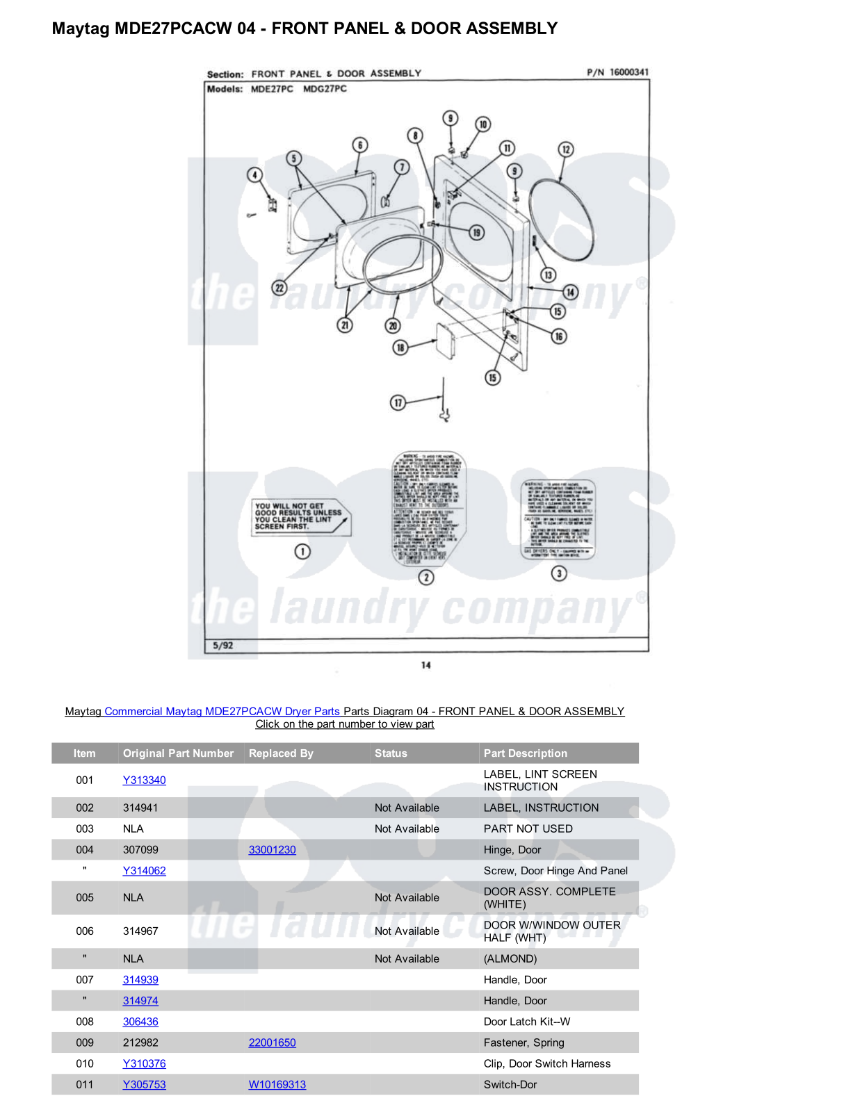 Maytag MDE27PCACW Parts Diagram