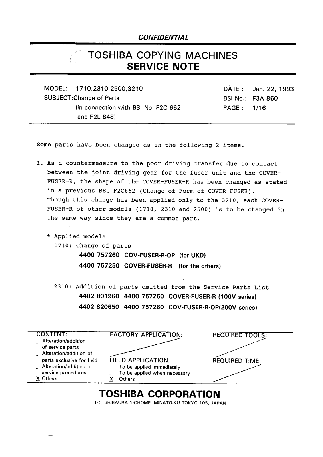 Toshiba f3a860 Service Note