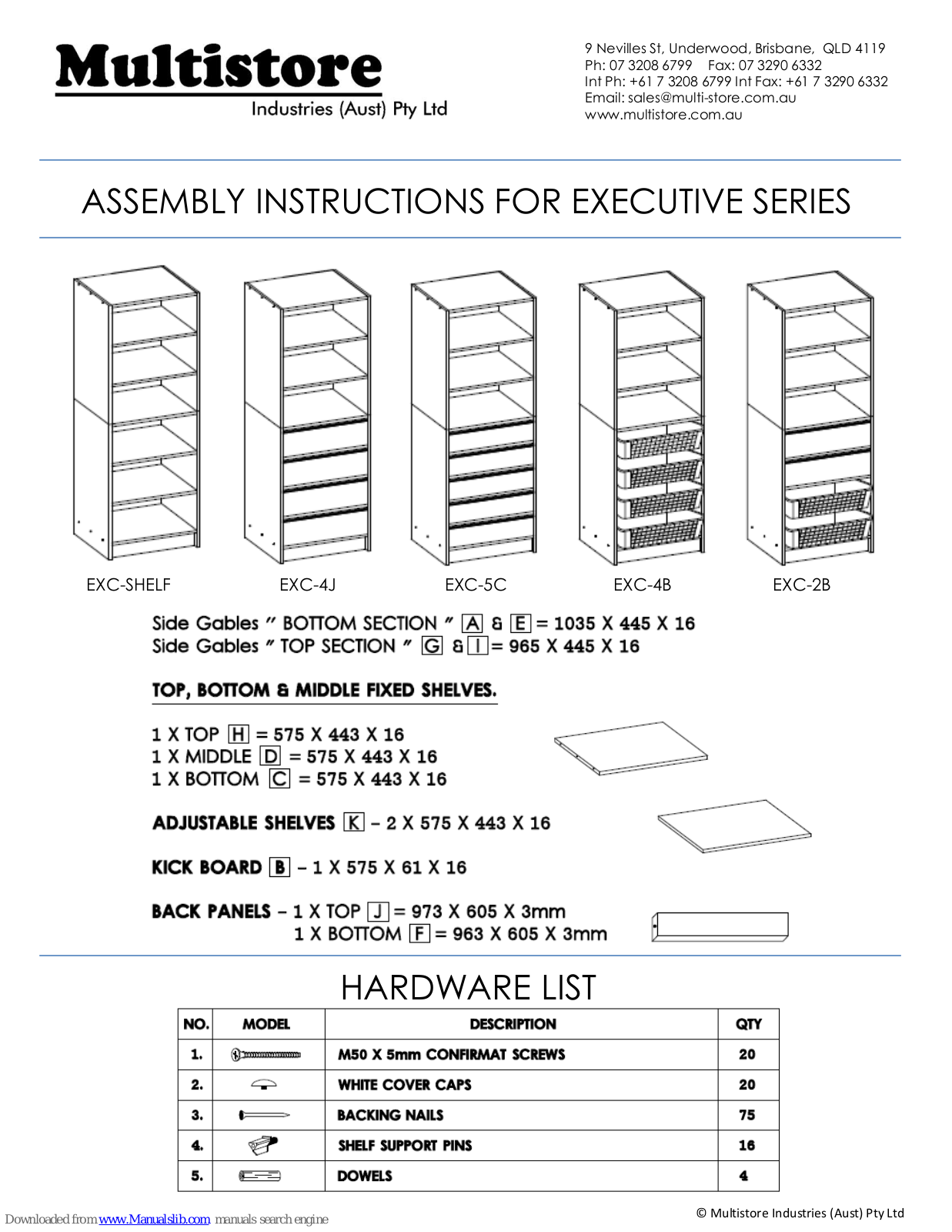 Multistore EXC-SHELF, EXC-5C, EXC-4J, EXC-4B, EXC-2B Assembly Instructions Manual - ManualMachine.com
