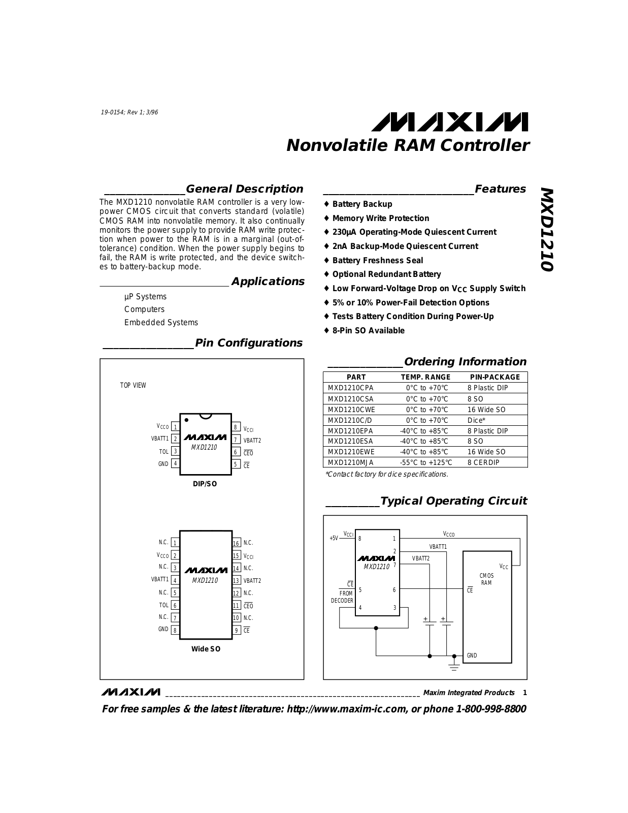 Maxim MXD1210C-D, MXD1210CPA, MXD1210CSA, MXD1210CWE, MXD1210EPA Datasheet