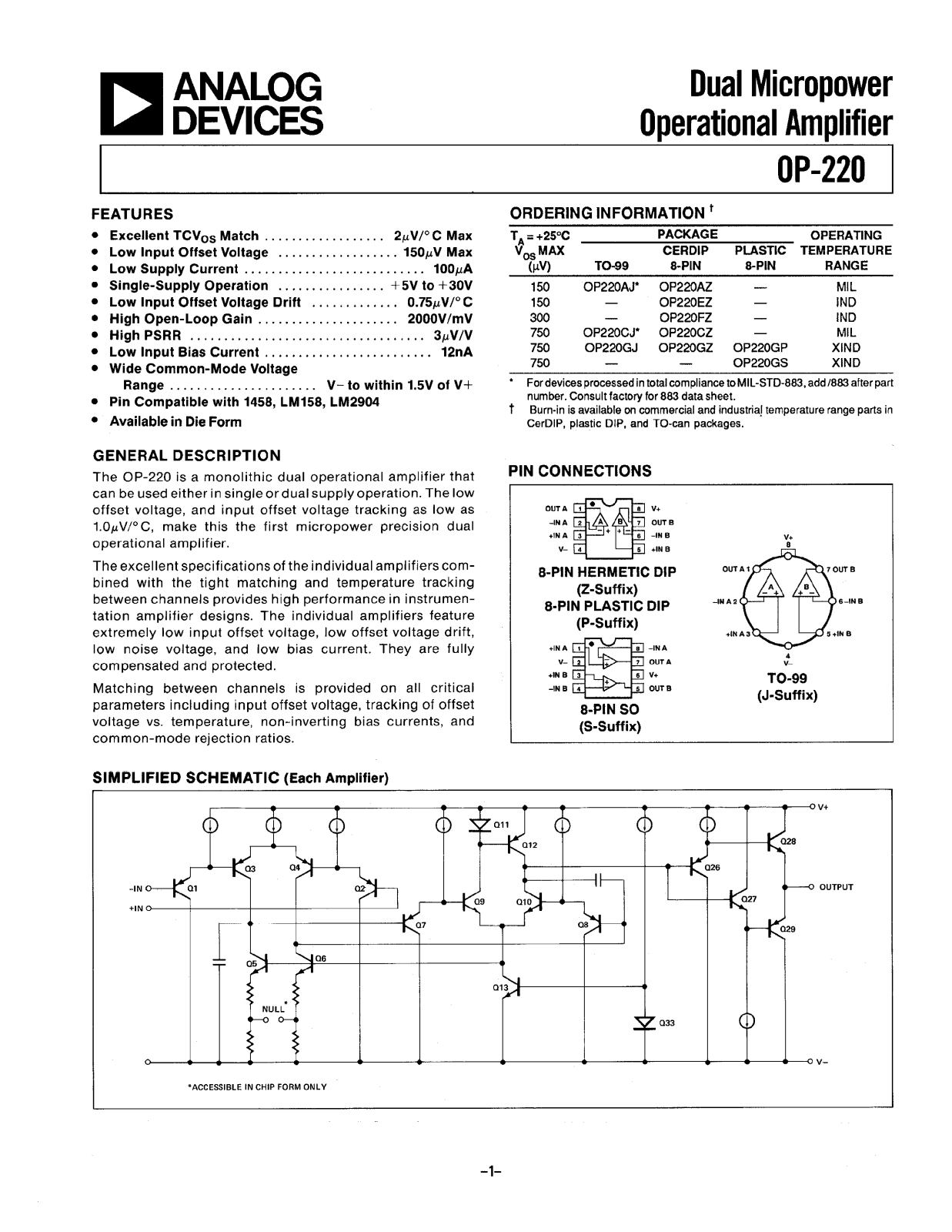 Analog Devices OP220 Datasheet