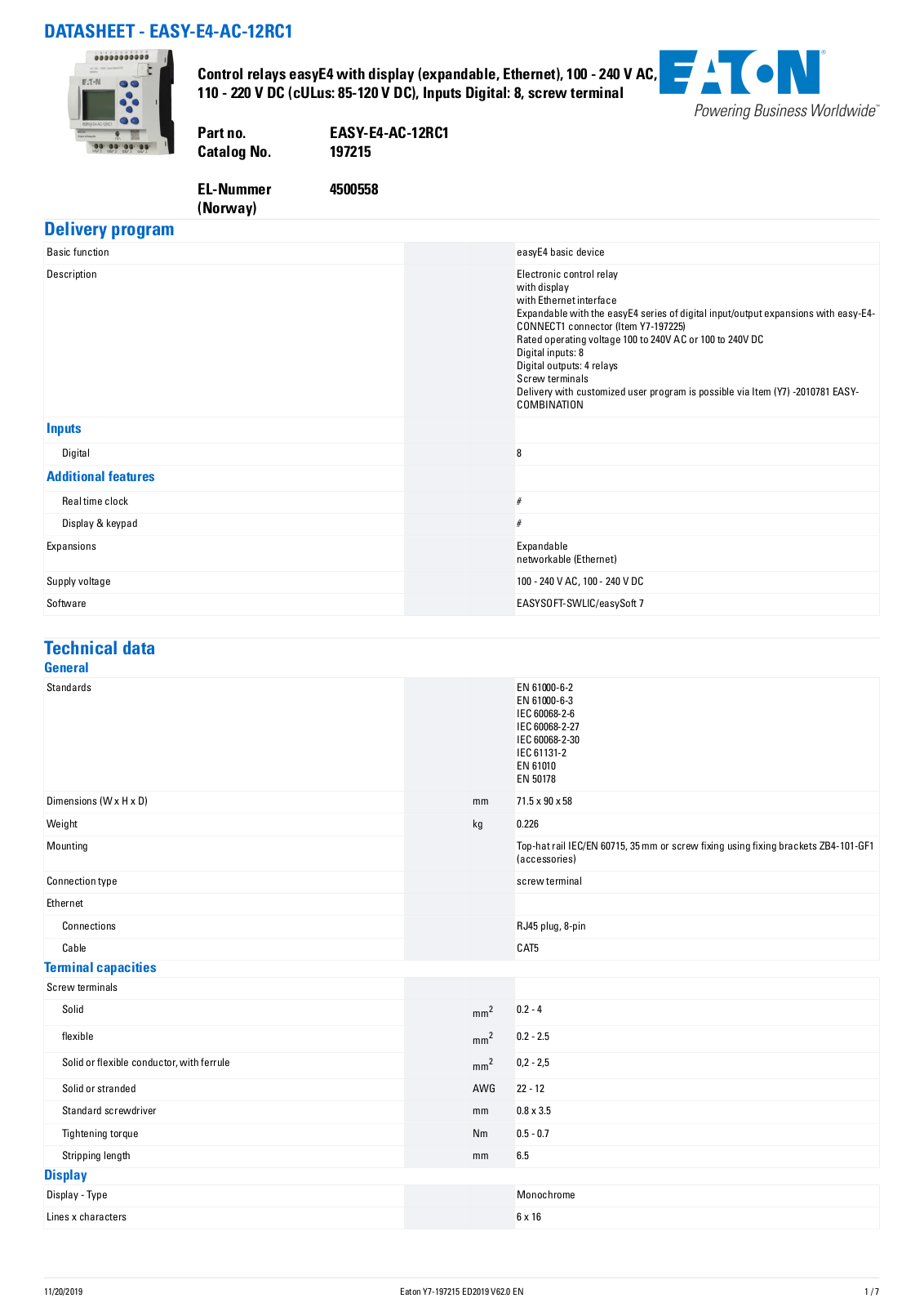 Cutler Hammer, Div of Eaton Corp EASY-E4-AC-12RC1 Data Sheet