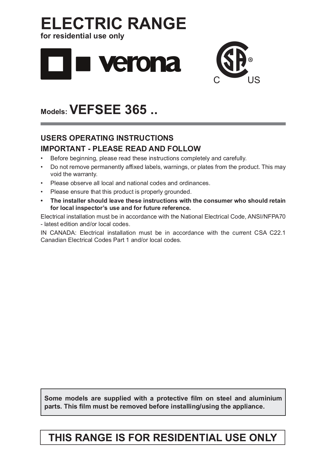 Verona VEFSEE365SS Instruction Manual