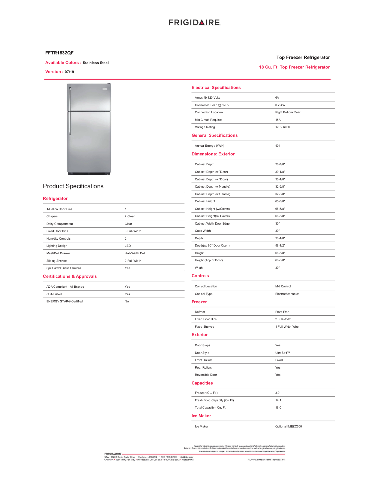 Frigidaire FFTR1832QF Specs