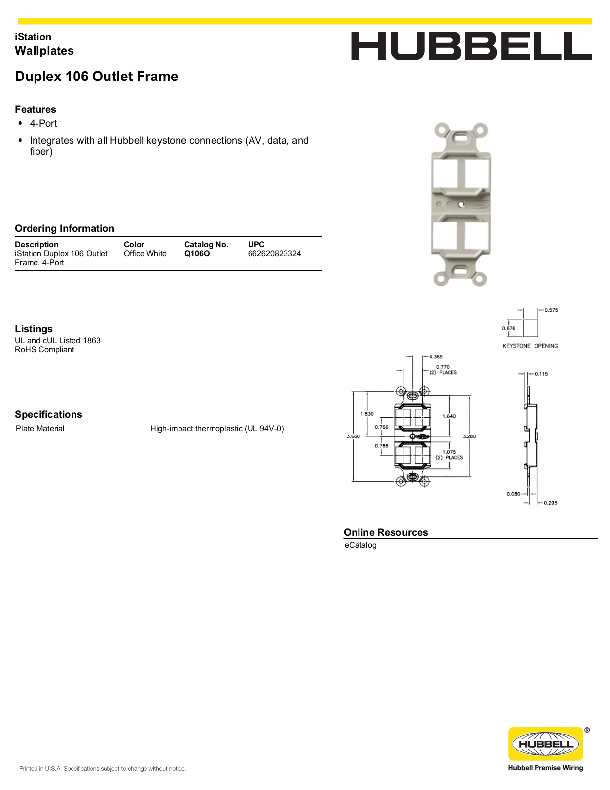 Hubbell Q106O Specifications