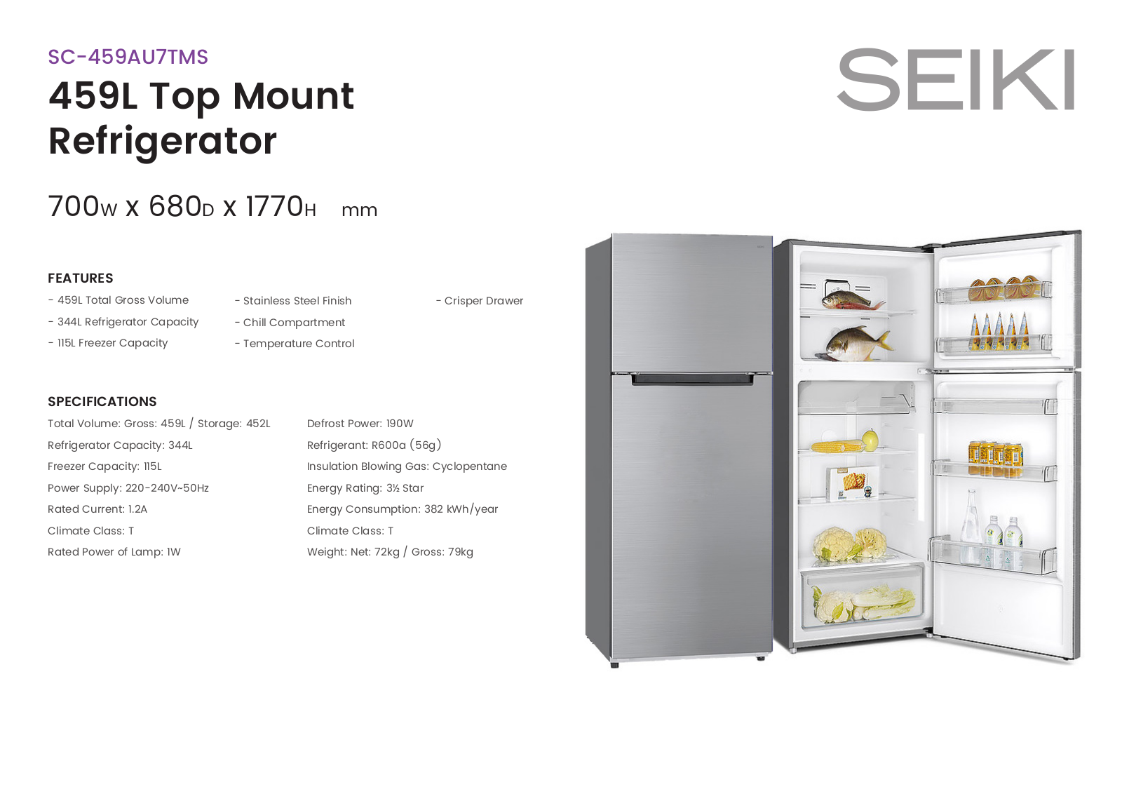 Seiki SC-459AU7TMS Specifications Sheet