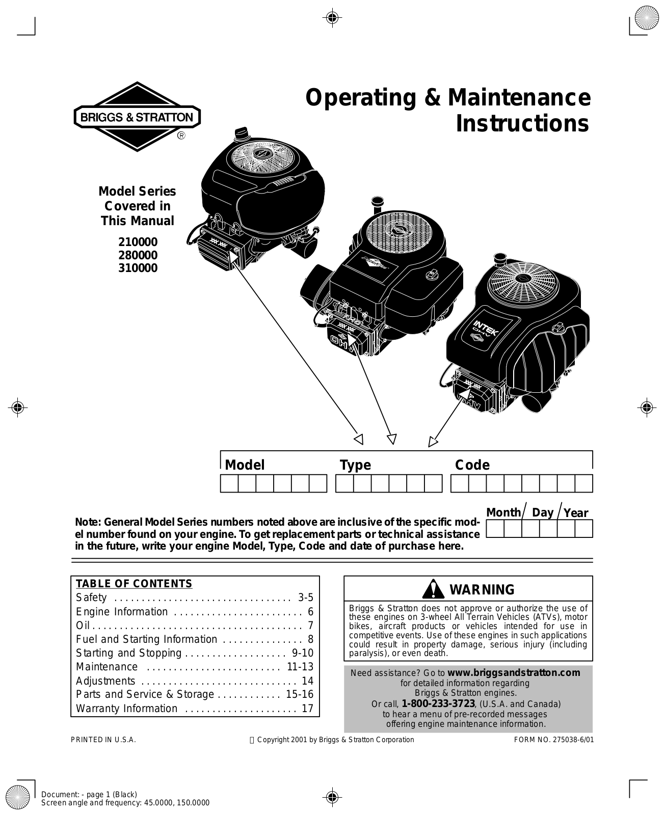 Briggs & Stratton 210000, 310000 User Manual