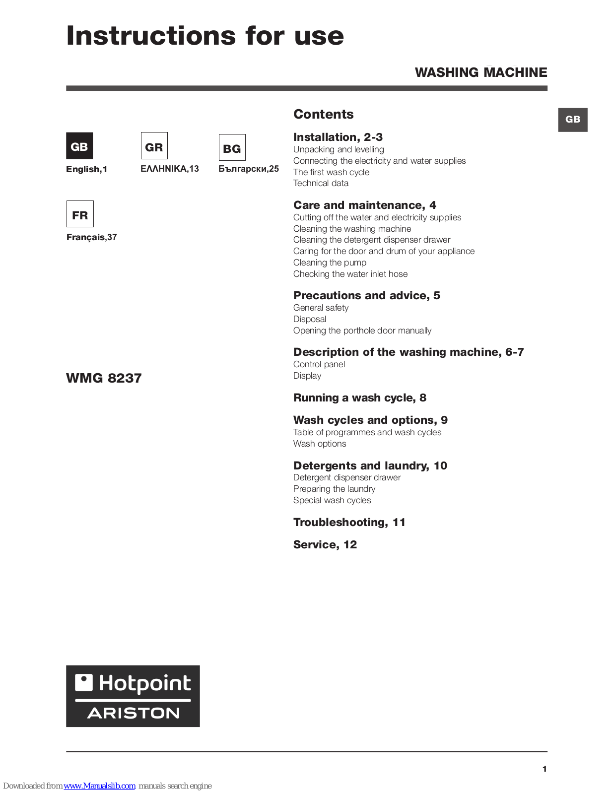 Hotpoint Ariston WMG 8237 Instructions For Use Manual