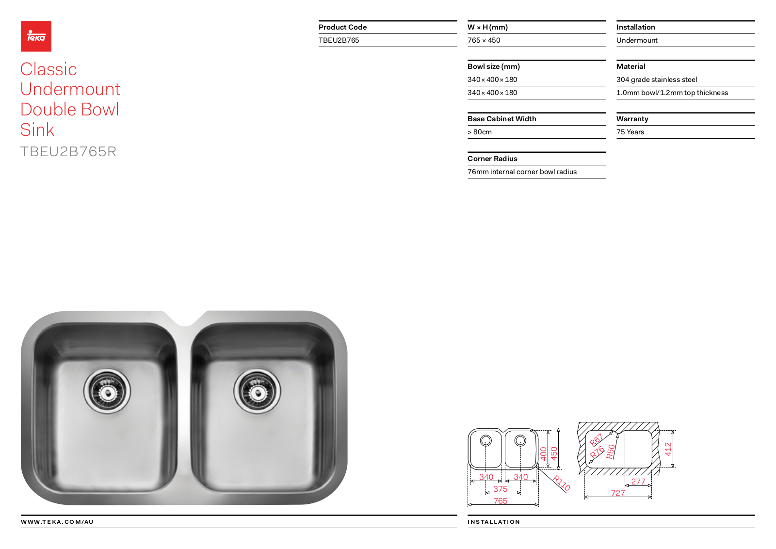 Teka TBEU2B765 Specifications Sheet