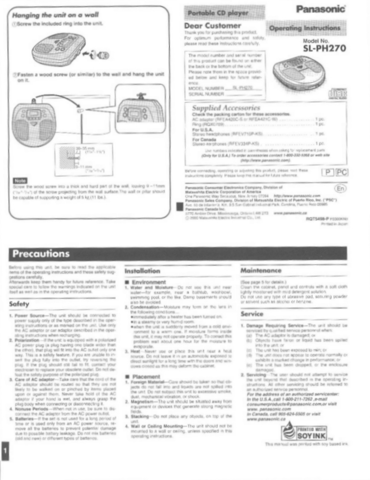 Panasonic SL-PH270 Operating Instruction