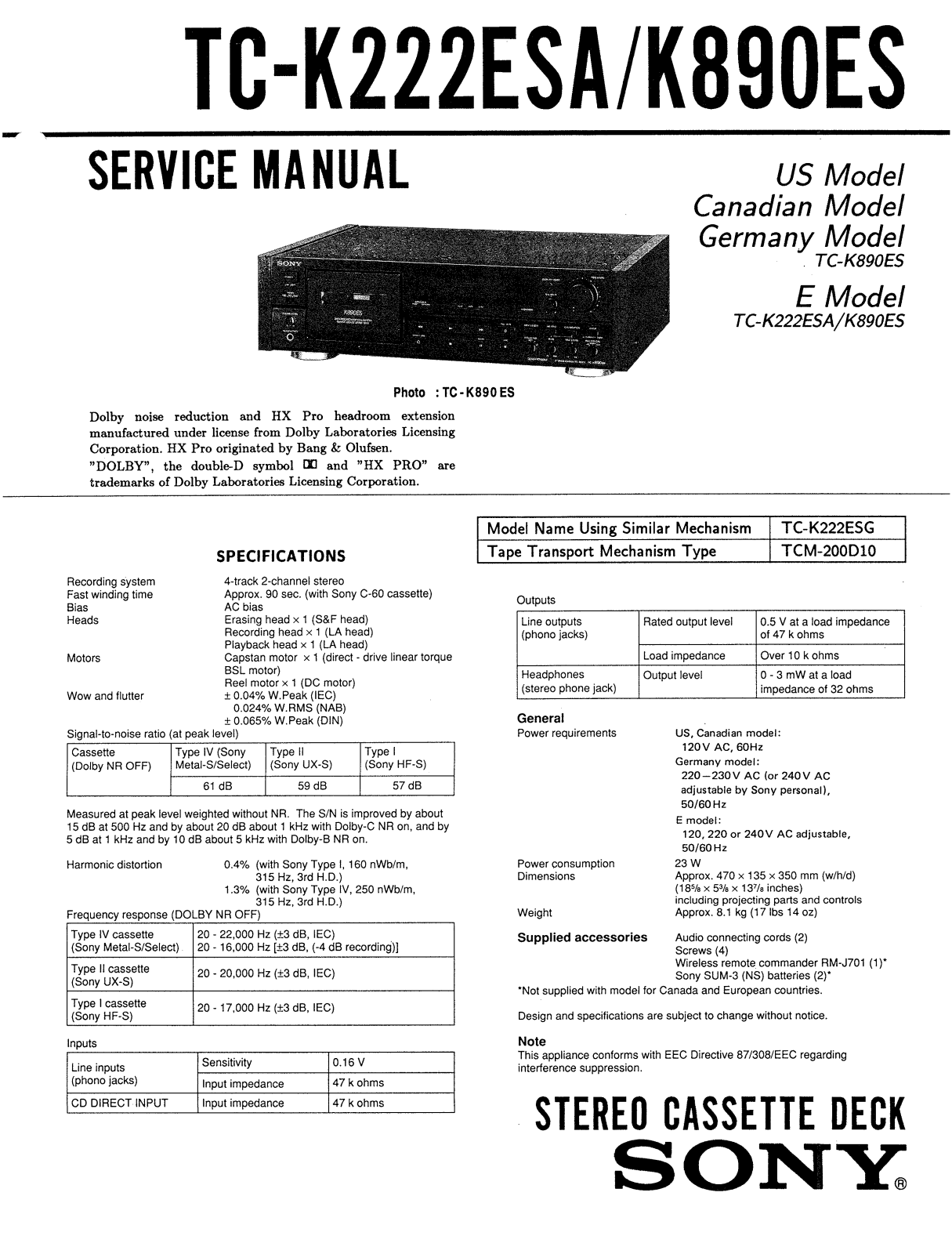 Sony TCK-222-ESA Service manual
