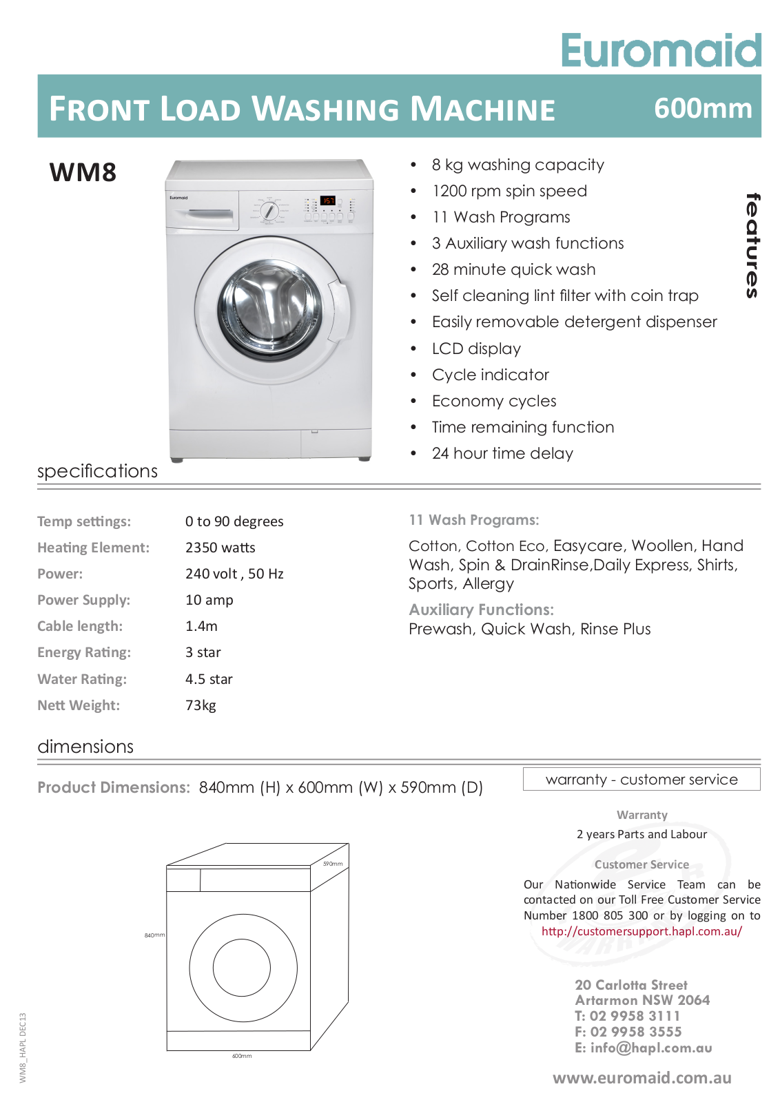 Euromaid WM8 Specifications Sheet