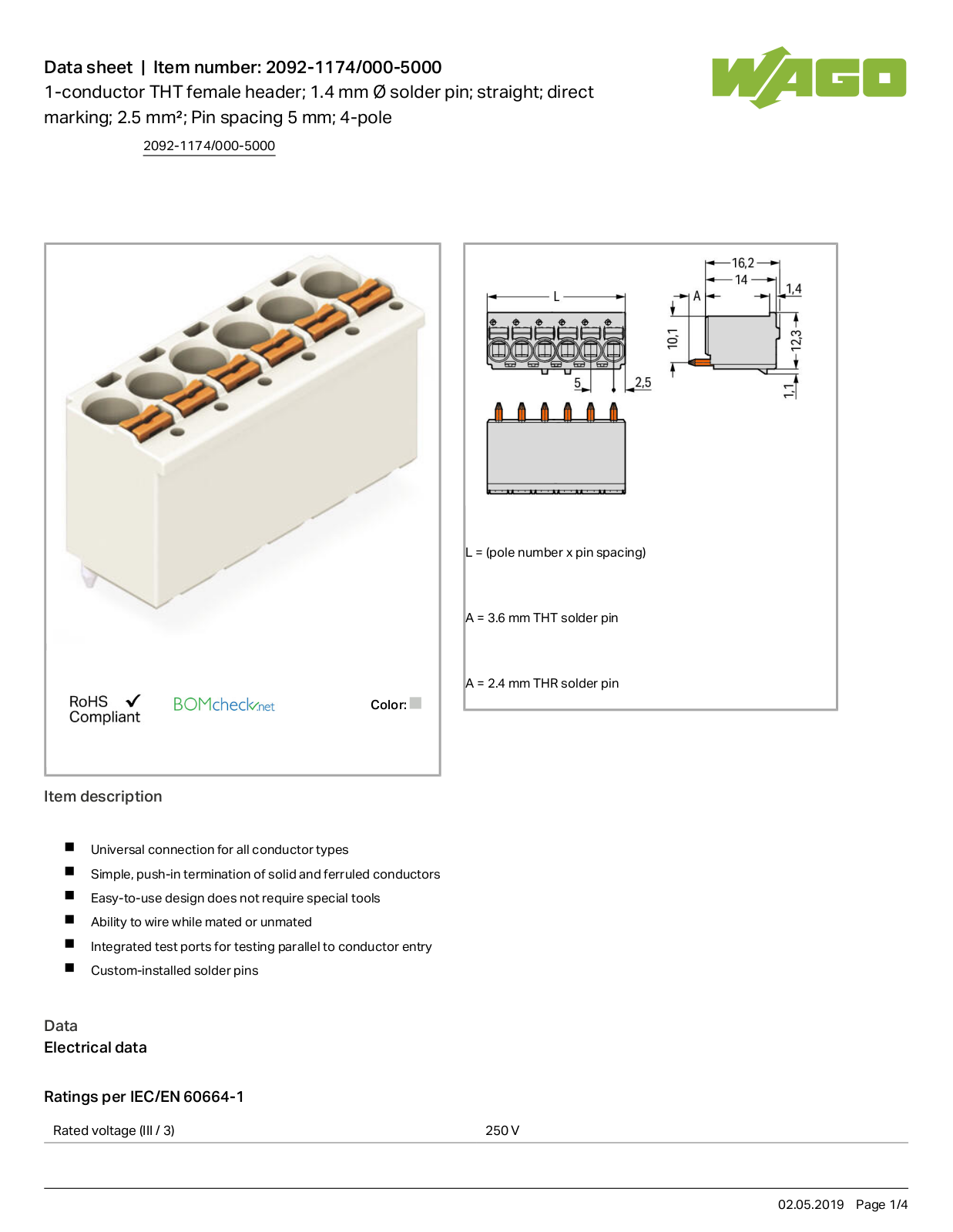 Wago 2092-1174/000-5000 Data Sheet