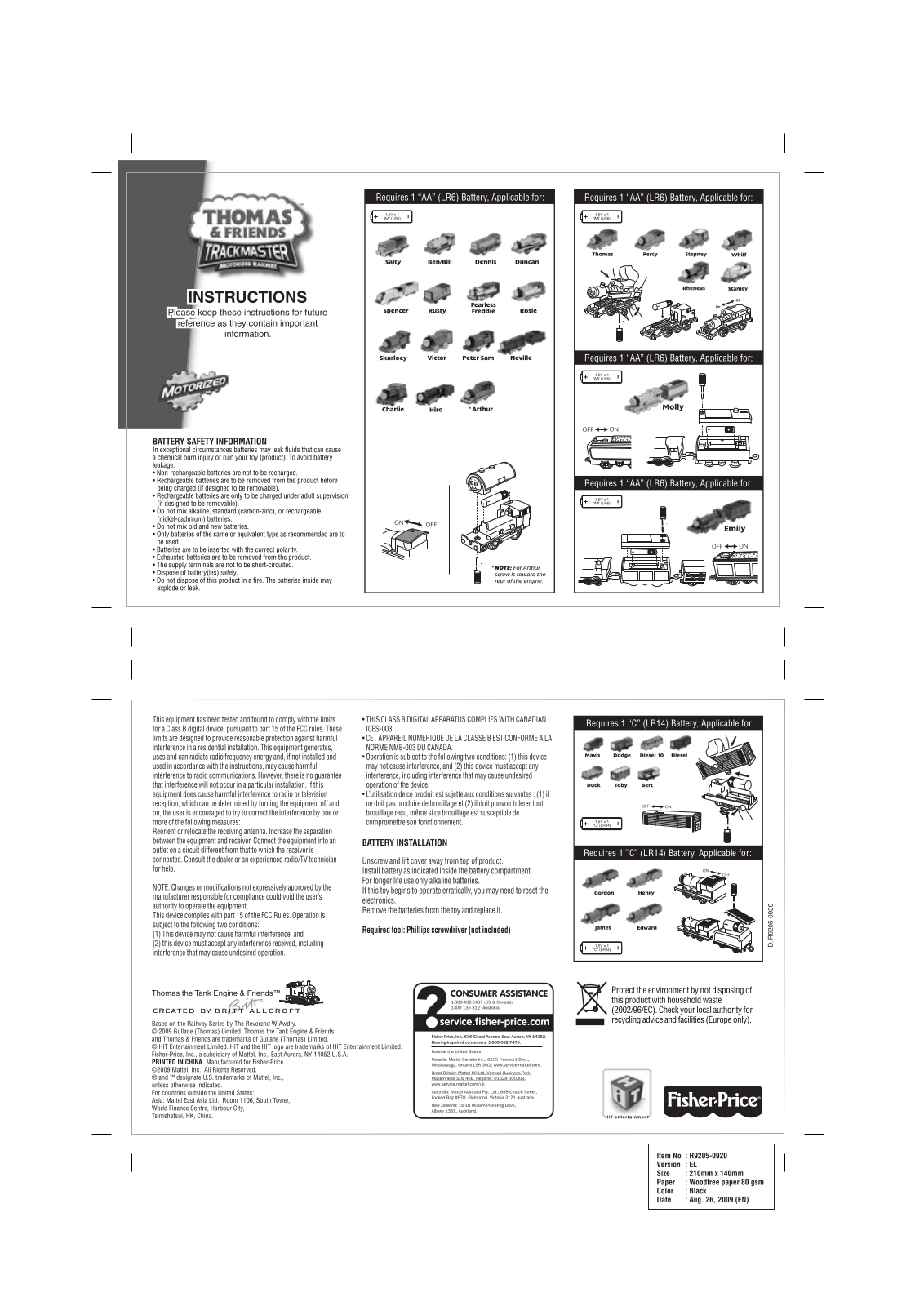 Fisher-Price R9205, R9216, T4194, T4195, T4601 Instruction Sheet