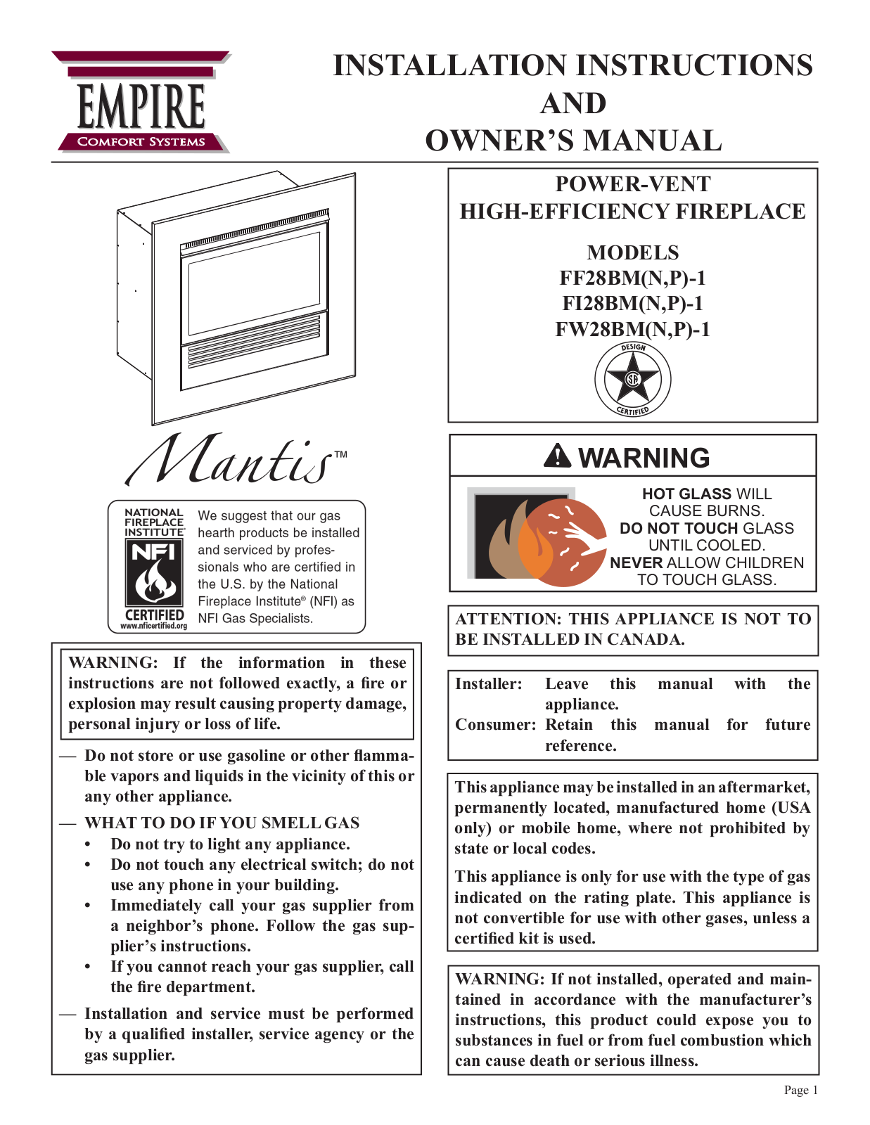 Empire Comfort Systems Mantis FF28BMN-1, Mantis FF28BMP-1, Mantis FI28BMN-1, Mantis FI28BMP-1, Mantis FW28BMN-1 Installation Instructions And Owner's Manual