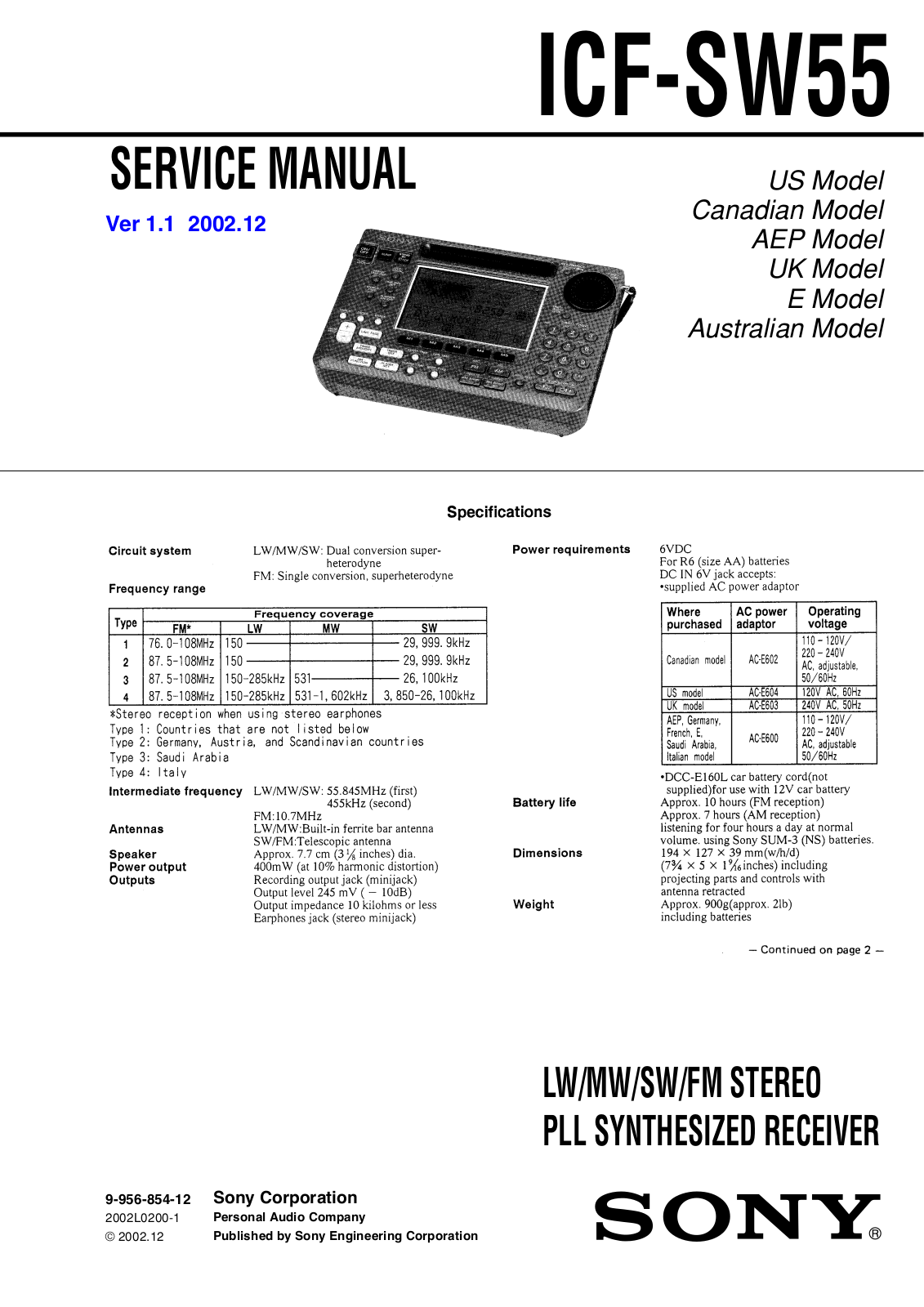 Sony ICFSW-55 Service manual