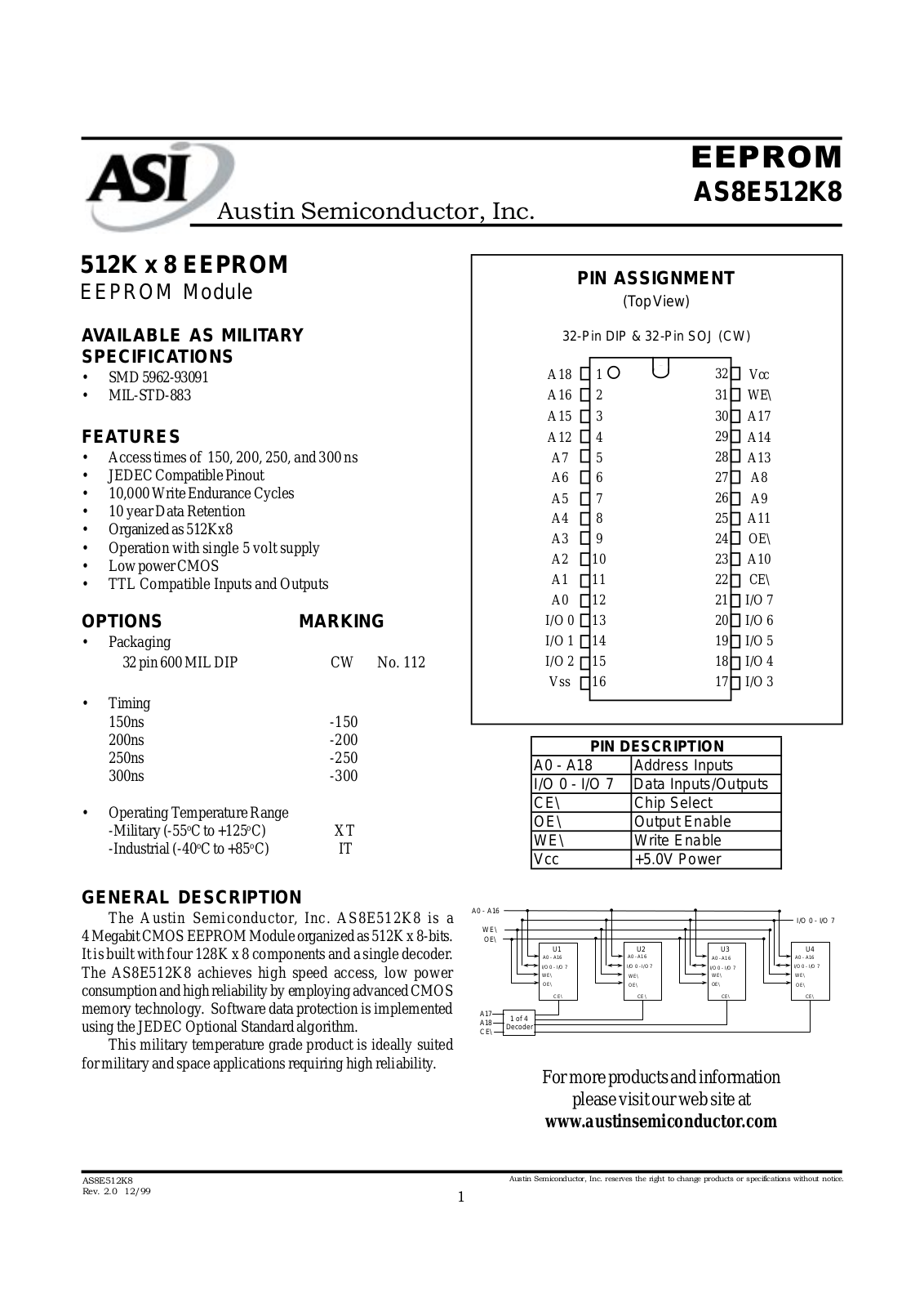 AUSTN AS8E512K8CW-200-IT, AS8E512K8CW-200-883C, AS8E512K8CW-150-XT, AS8E512K8CW-150-IT, AS8E512K8CW-150-883C Datasheet