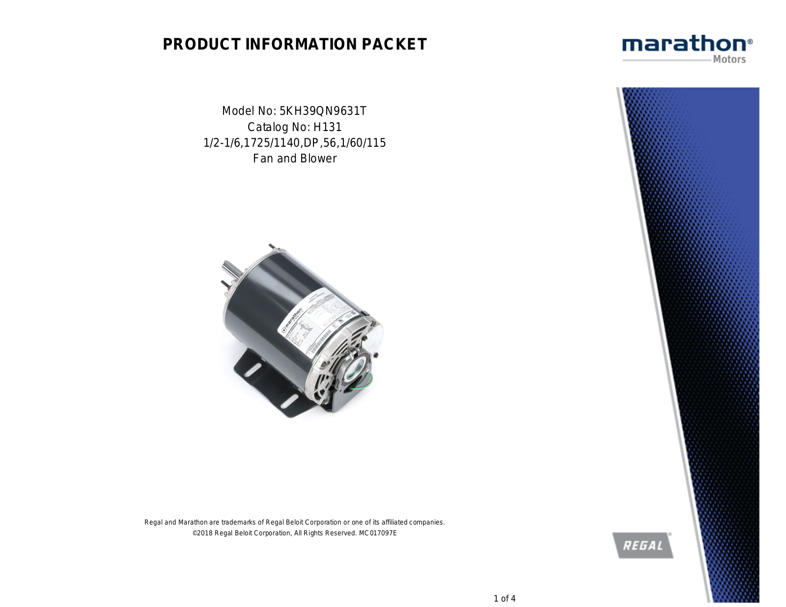 Marathon Electric 5KH39QN9631T Product Information Packet