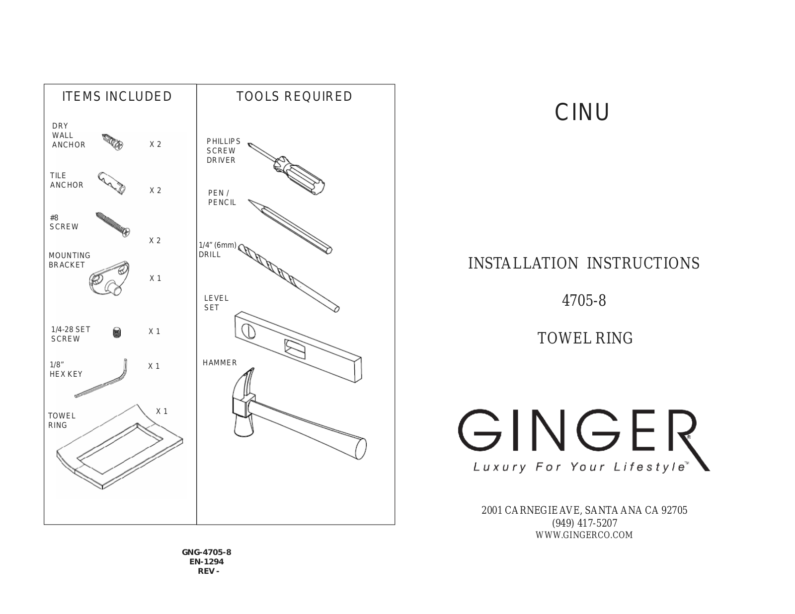 Ginger 4705-8 Installation Manual