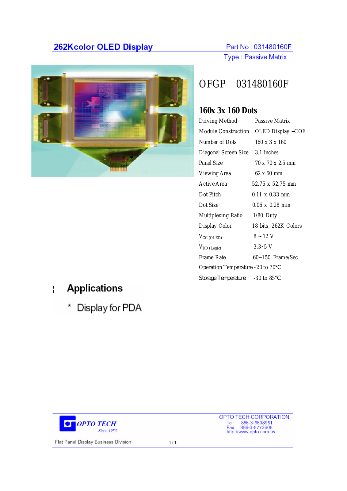 OPTO TECH OFGP031480160F Datasheet