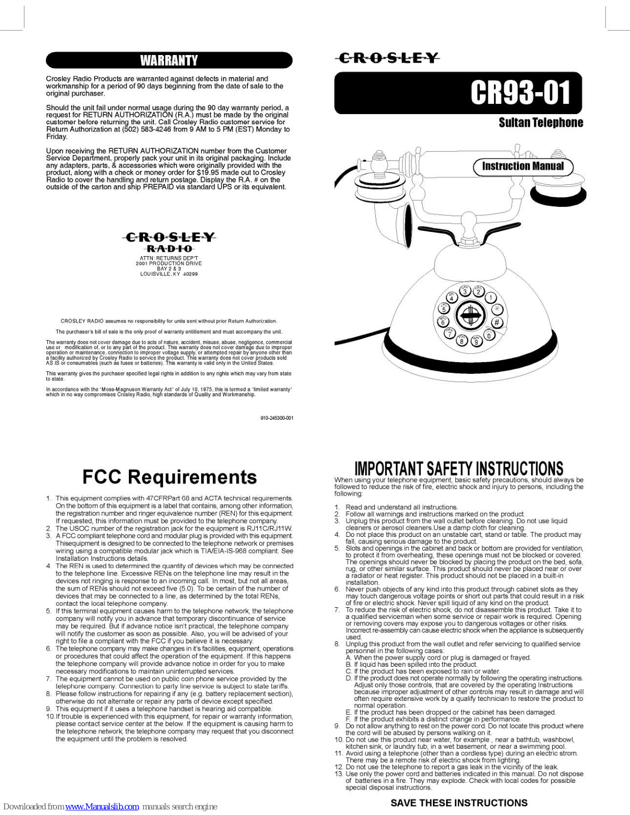 Crosley Sultan CR93, Sultan CR93-01 Instruction Manual