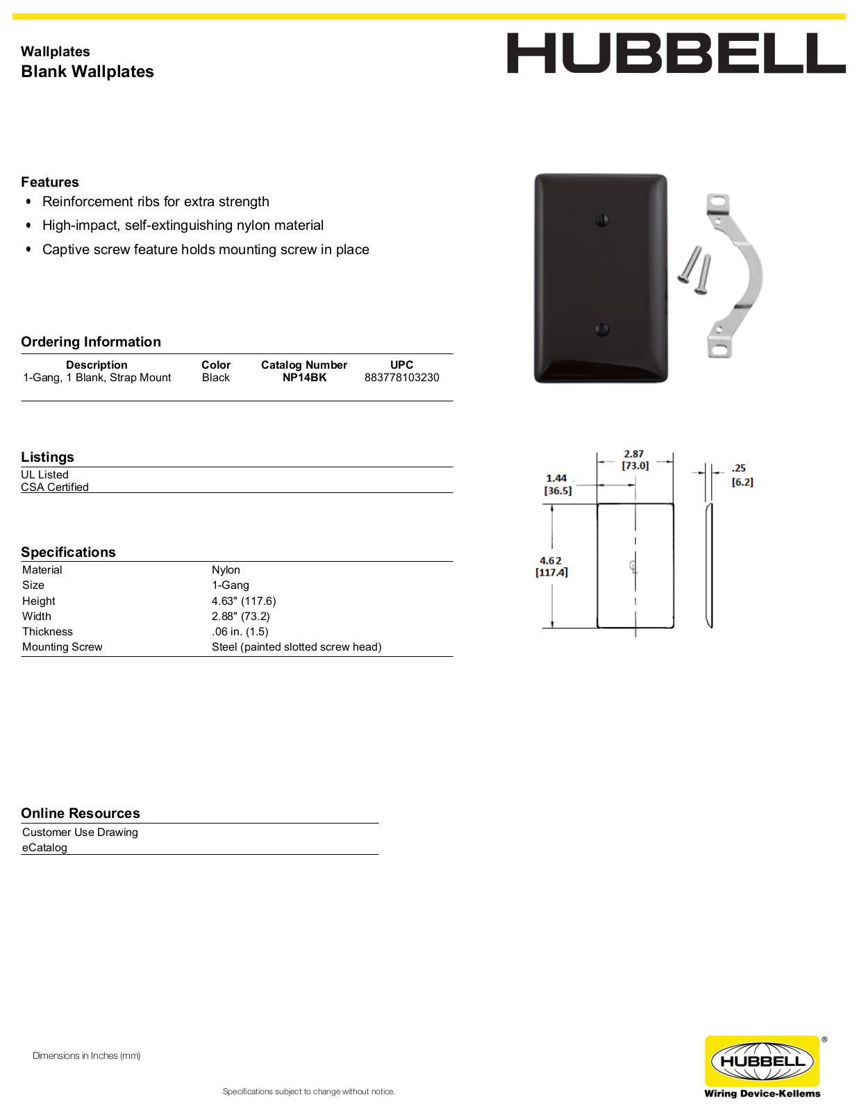 Hubbell NP14BK Specifications