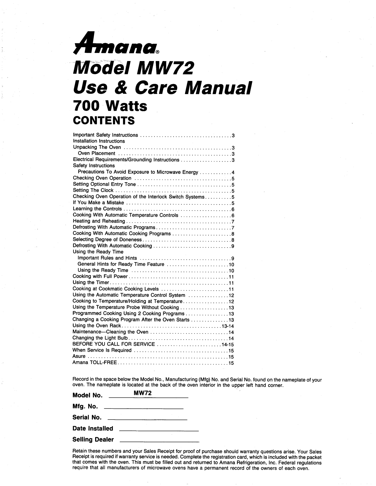 Amana MW72 Owner's Manual