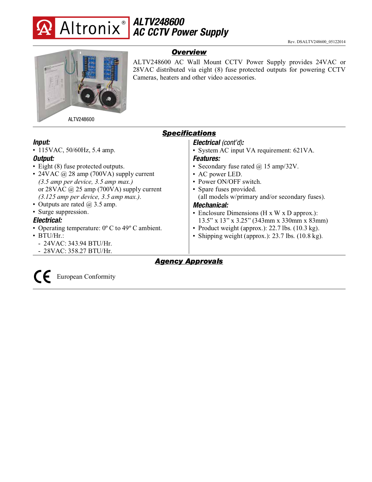 Altronix ALTV248600 Specsheet