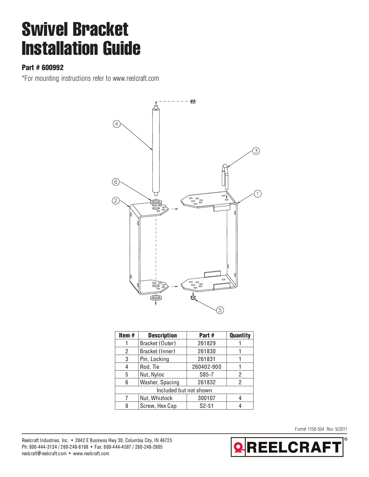 Reelcraft Hose Reels Swivel Bracket User Manual