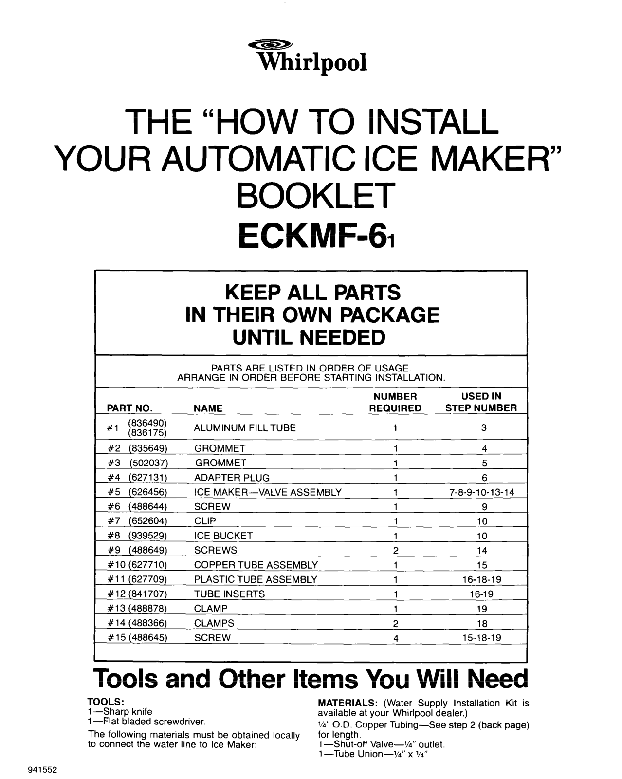 Whirlpool ECKMF-61 Installation Instructions - ManualMachine.com
