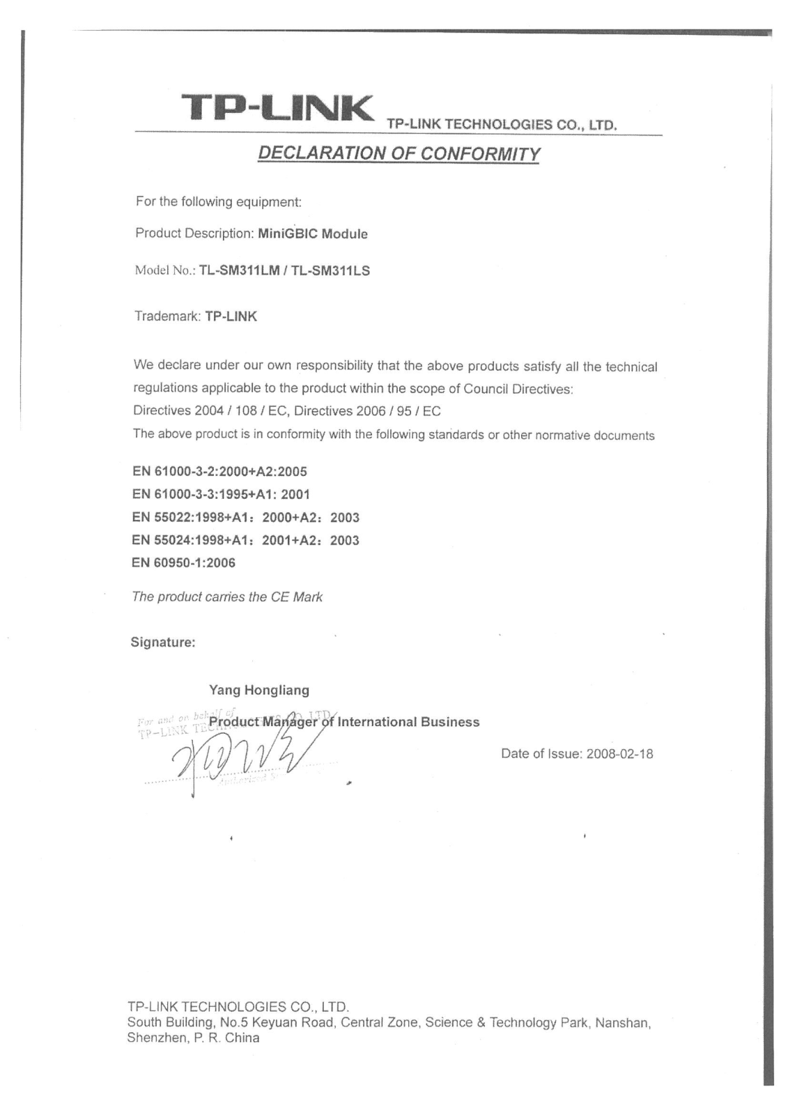 TP-Link TL-SM311LM, TL-SM311LS Declaration of Conformity