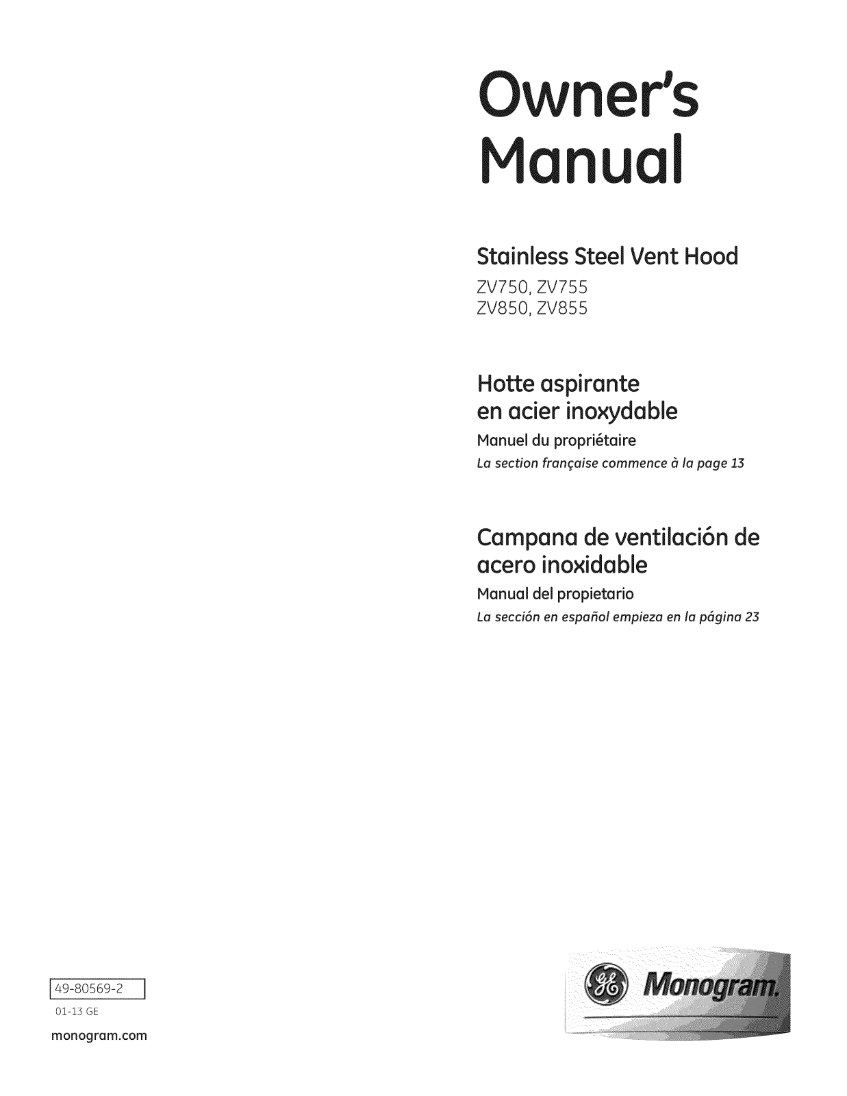 GE ZV855SP2SS, ZV855SP1SS, ZV850SP1SS, ZV755SP2SS, ZV755SP1SS Owner’s Manual