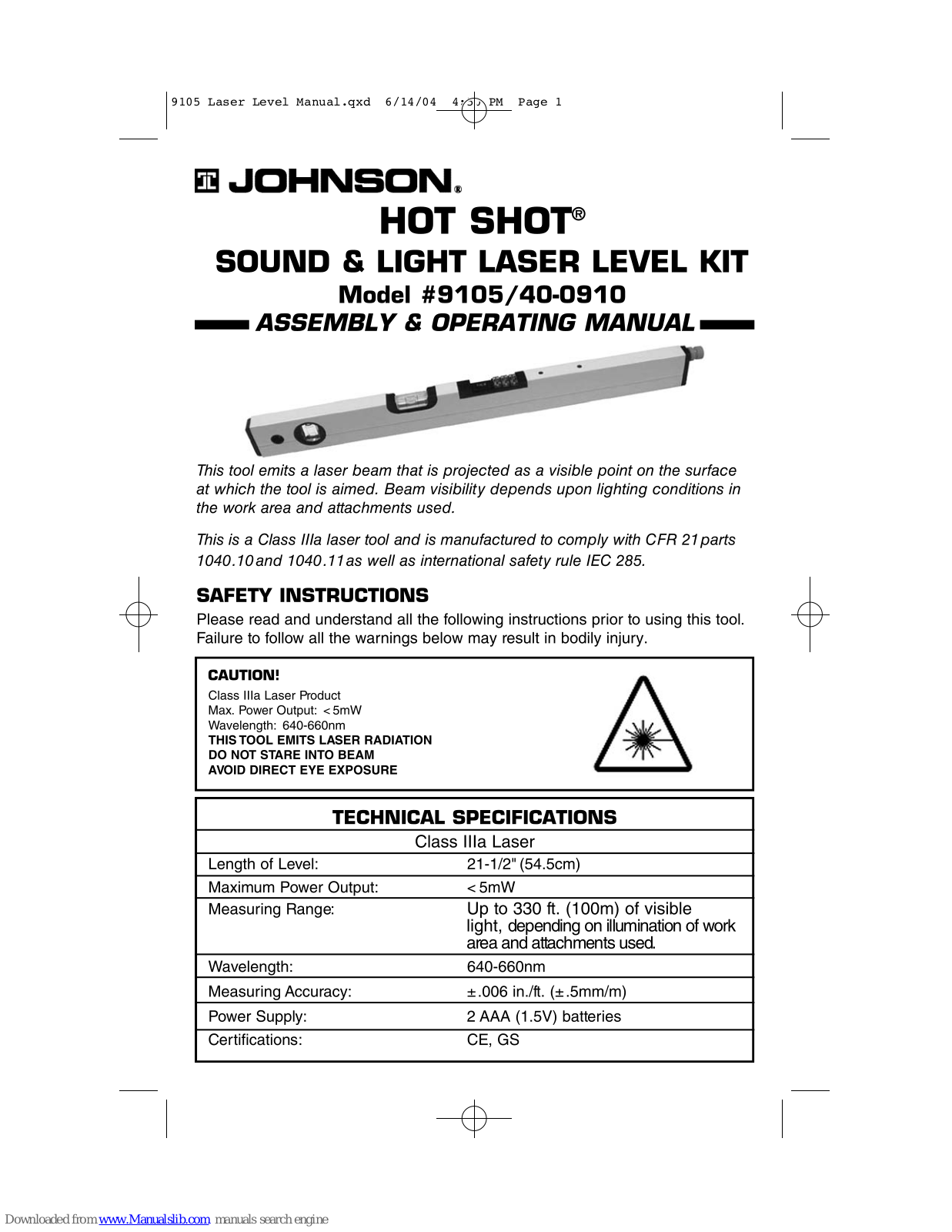 Johnson Level & Tool 9105/40-0910, HOT SHOT 9105/40-0910 Assembly & Operating Manual - ManualMachine.com
