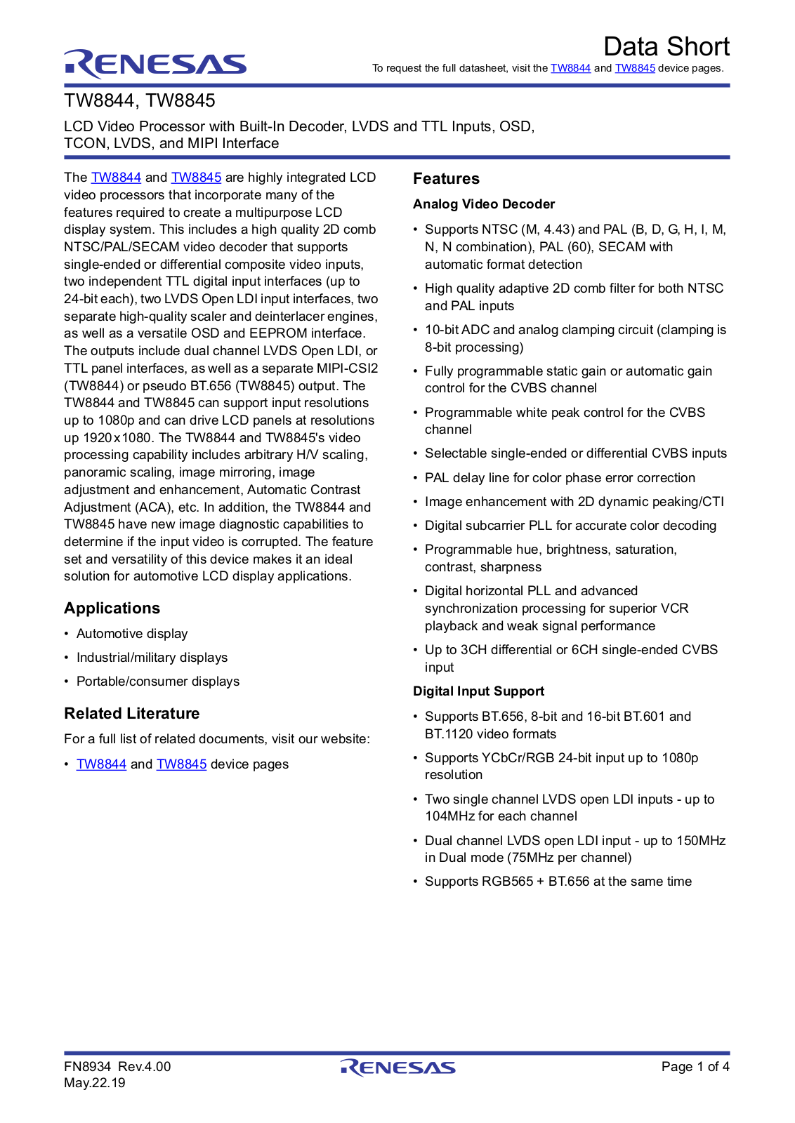 Renesas TW8844, TW8845 User Manual