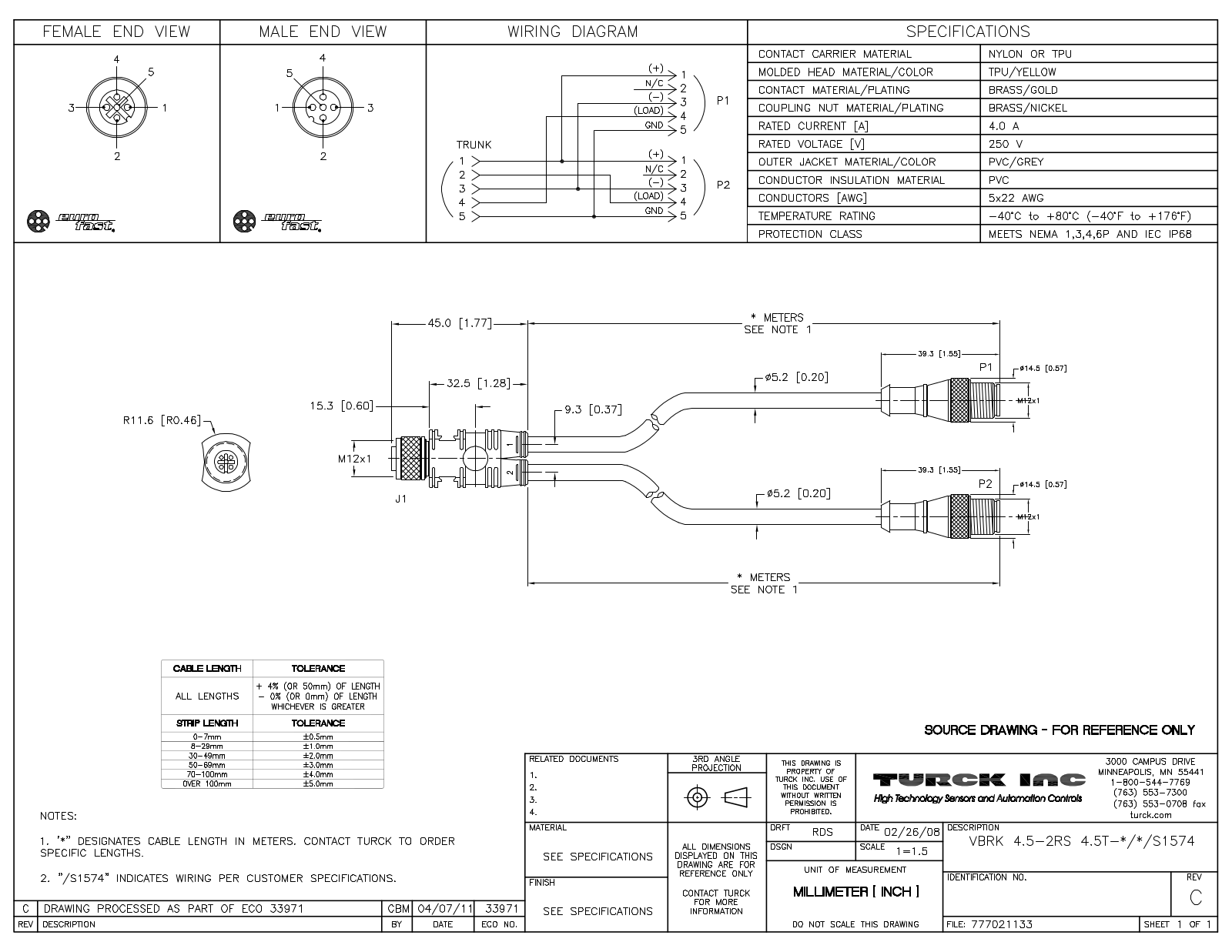 Turck VBRK4.5-2RS4.5T-1/1/S1574 Specification Sheet