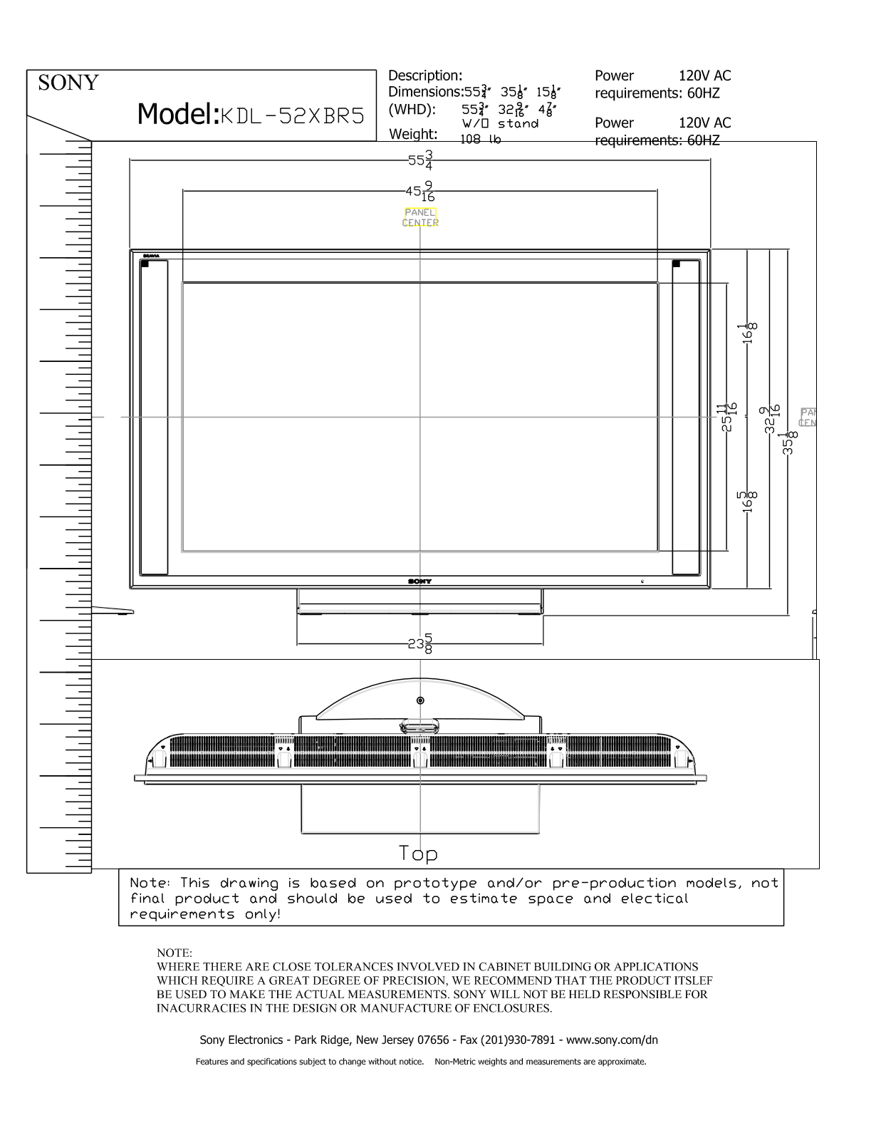 Sony KDL-52XBR5 Dimensions Diagram