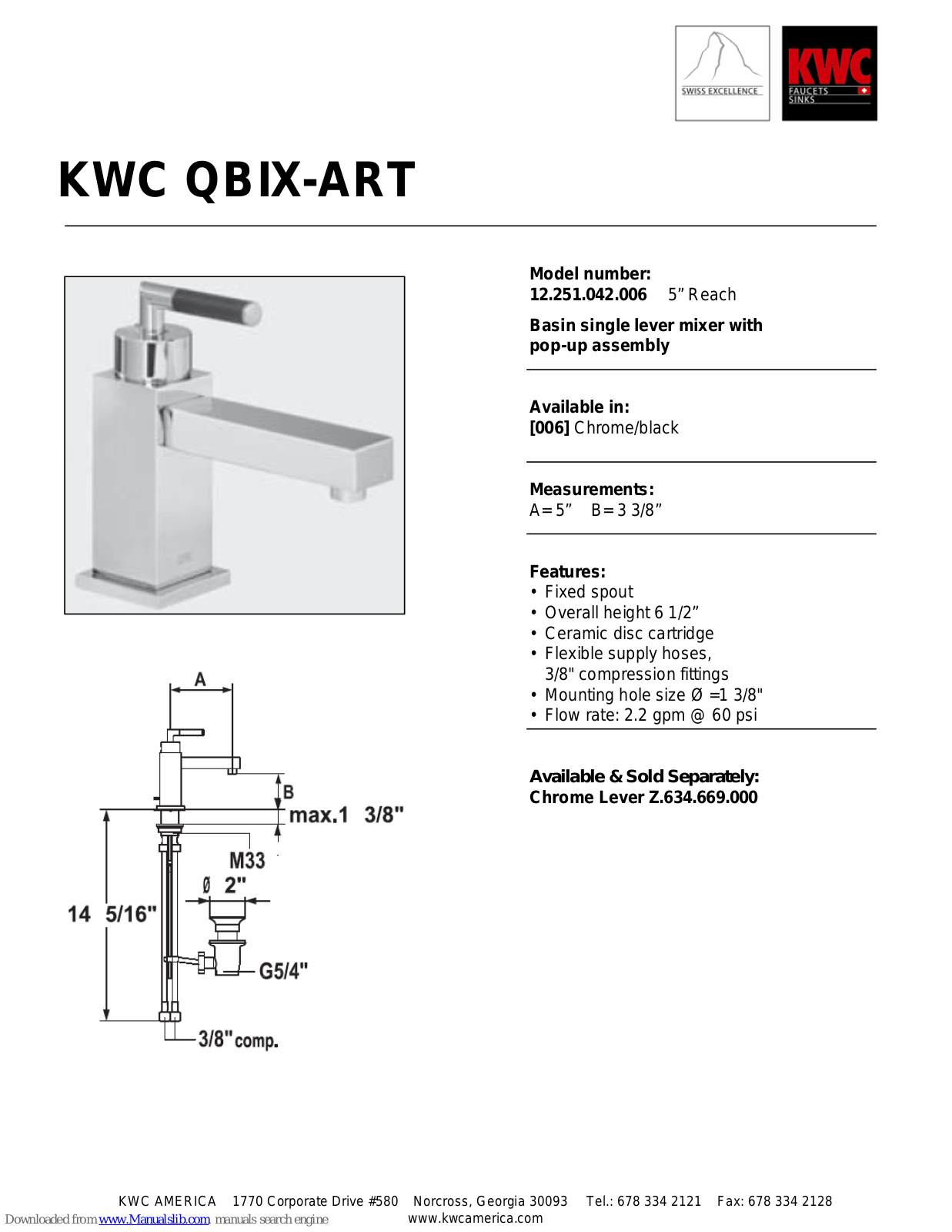 KWC QBIX-ART 12.251.042.006 Specification Sheet